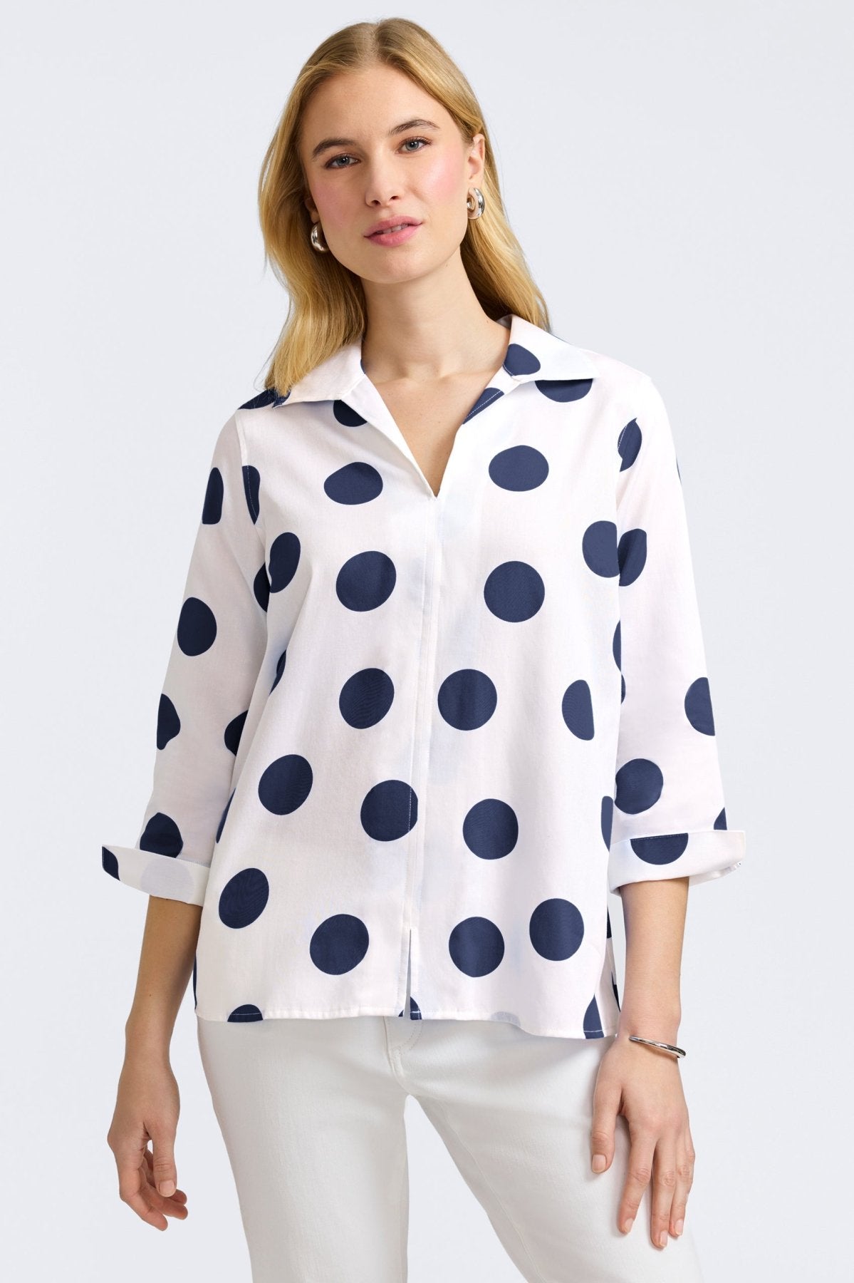 Agnes Springtime Dot 3/4 Sleeve Popover Blouse - Women's Floral Print Casual Top for Office, Date Night & Spring Outfits