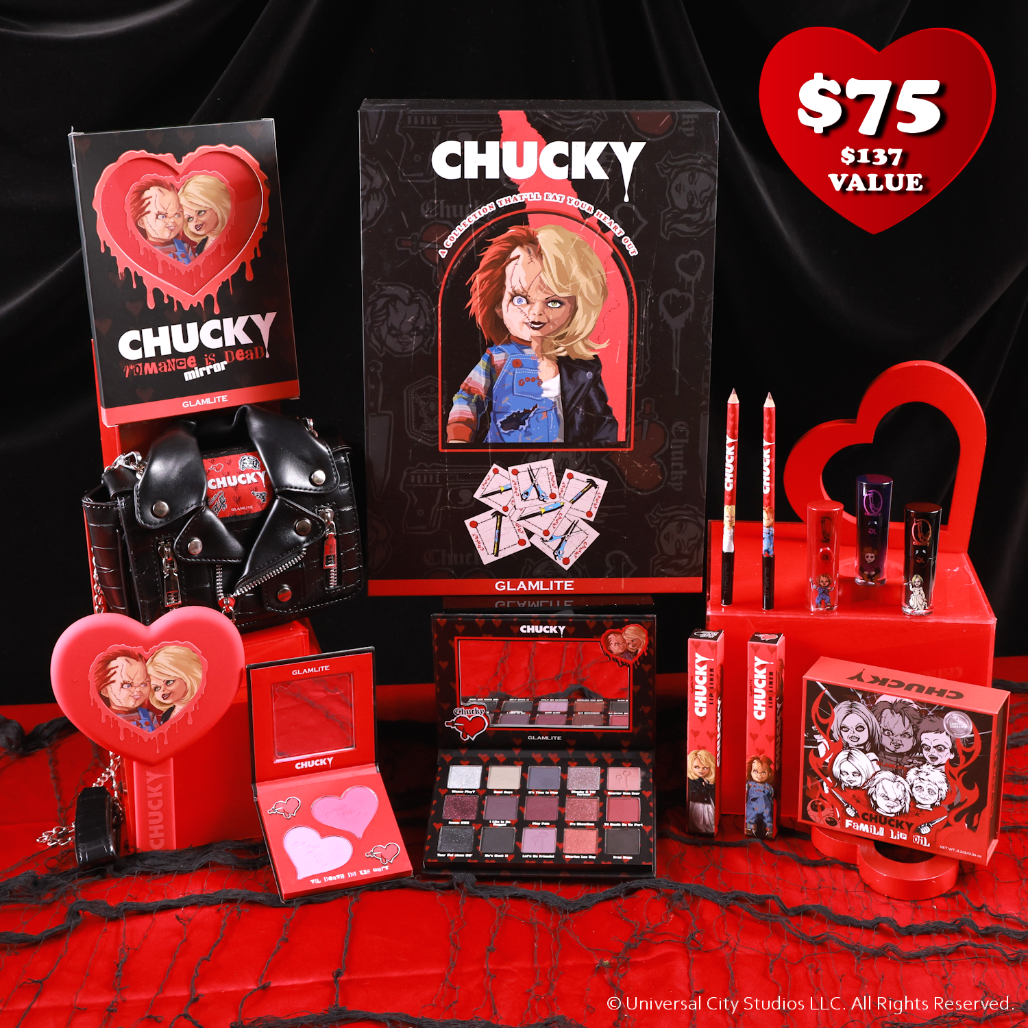 Chucky 7 Piece Makeup Set with Tiff Bag - Horror Movie Inspired Cosmetics Kit for Halloween, Costume Parties & Themed Events
