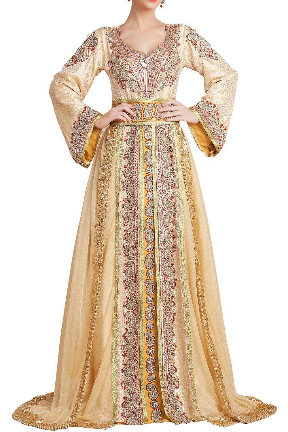 Elegant Gold Hand-Beaded Dubai Moroccan Style Wedding Caftan Dress for Women - Perfect for Bridal, Evening Gala & Special Occasions