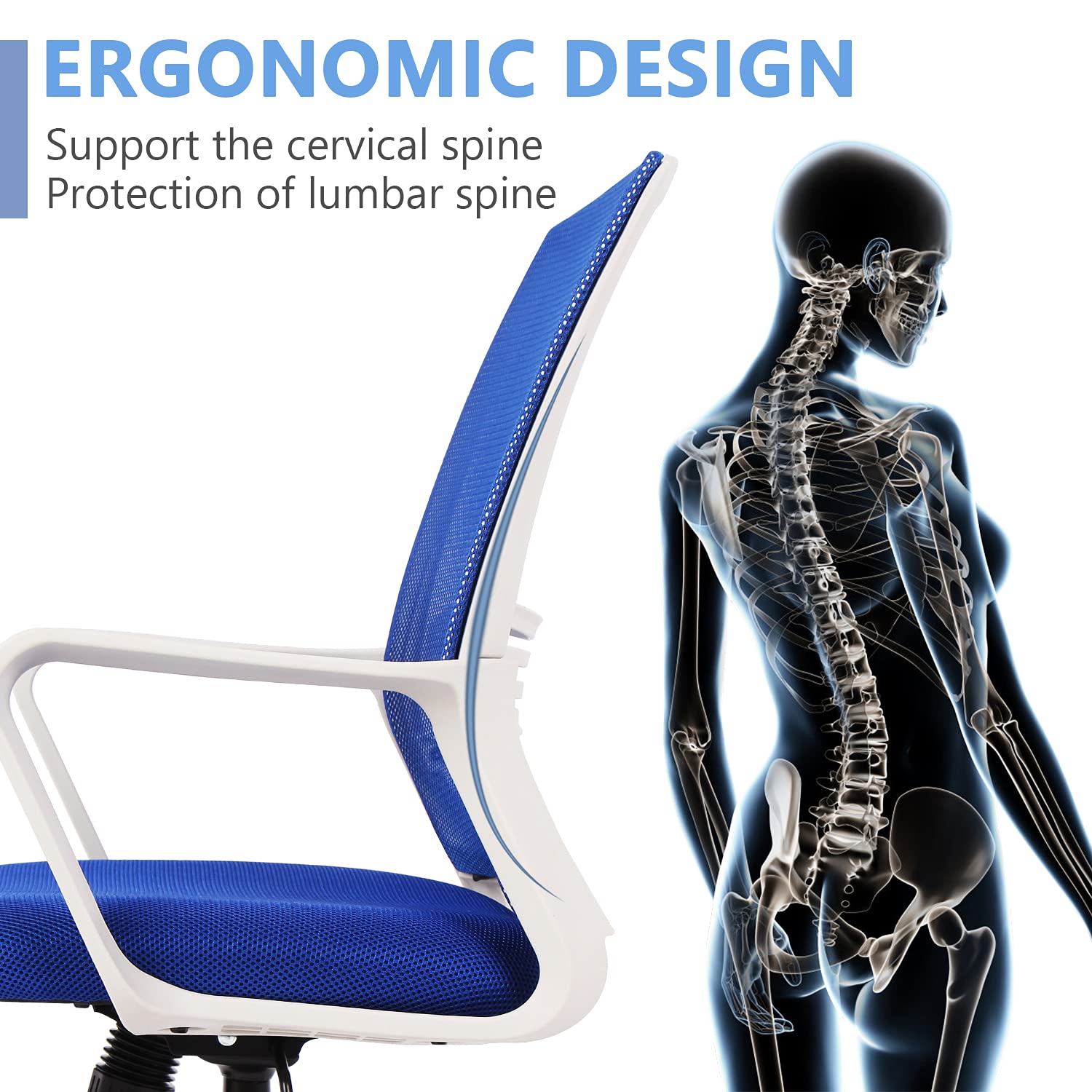 Ergonomic Office Chair with Lumbar Support - Adjustable Mesh Computer Desk Chair with Wheels & Arms for Home Office, Study, or Work - Mid Back Task Swivel Chair in Ocean Blue - Perfect for Long Hours of Comfortable Sitting & Productivity