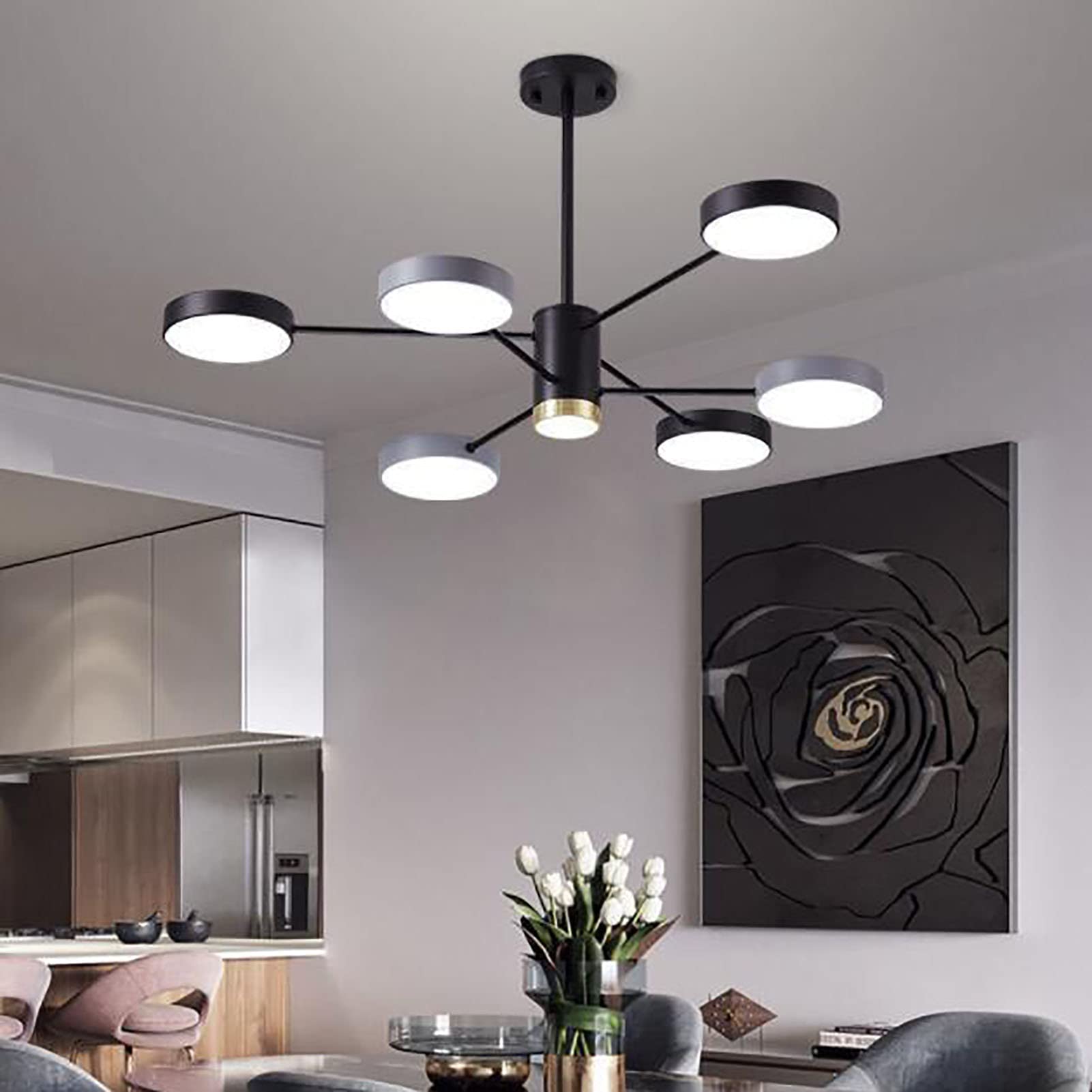 Modern 6-Lights LED Sputnik Chandelier with Opaline Round Acrylic Shade - Black Chrome Finish Ceiling Light Fixture for Kitchen, Dining Room, Living Room - Perfect for Modern Home Decor and Mid-Century Interior Design