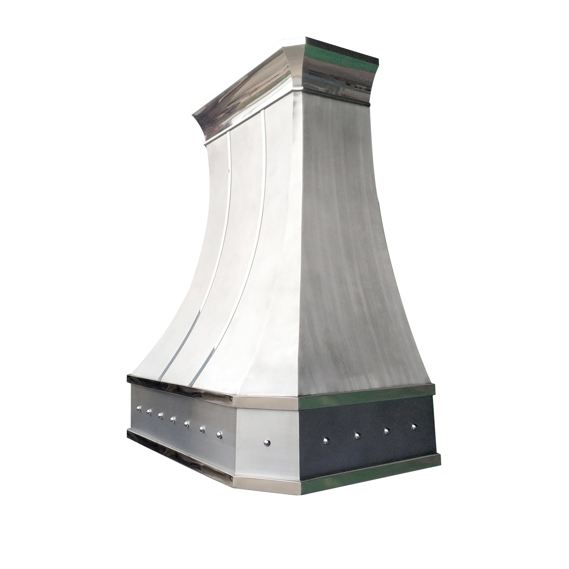 Premium Curved Brushed Stainless Steel Custom Range Hood with Polished Accents - Modern Kitchen Ventilation for Home Chefs & Open-Concept Kitchens