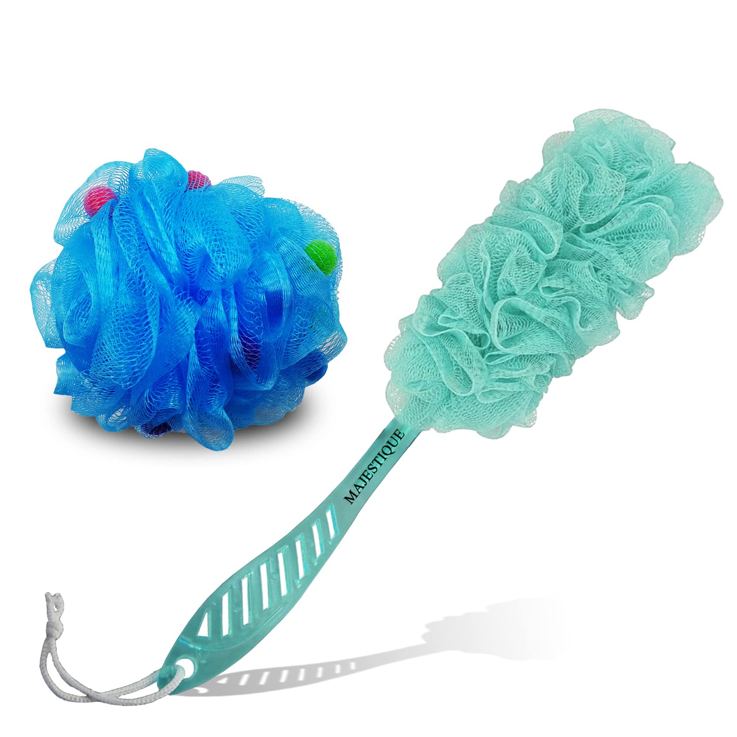 Majestique Round Body Sponge Loofah with Long Handle - Exfoliating Bath & Shower Sponge Set for Deep Cleansing & High Lather | Soft Loofah for Women, Men & Kids | Perfect for Daily Skincare & Gentle Exfoliation (2-Pack, Colors May Vary)
