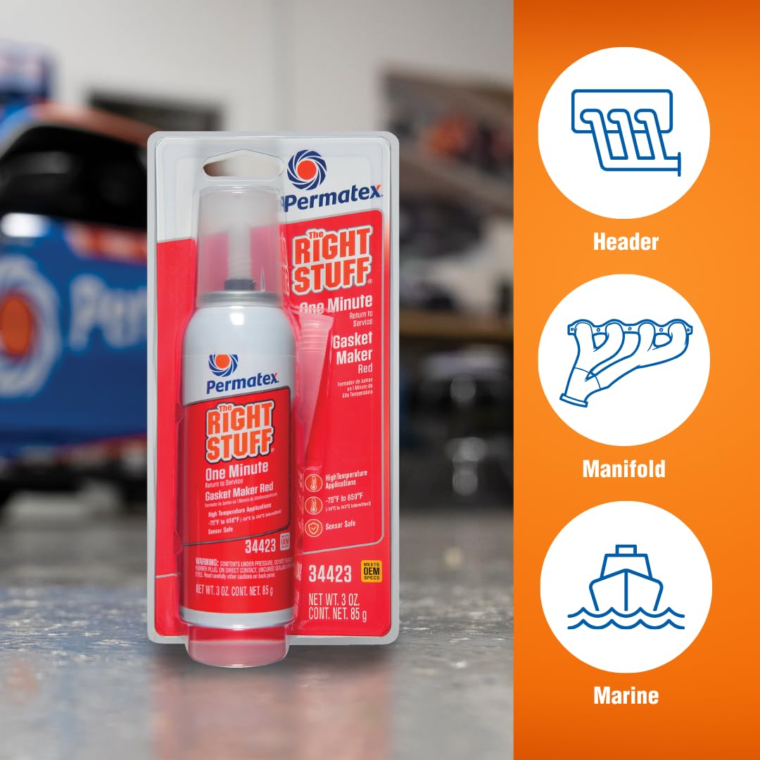 Permatex 34423 Right Stuff 1 Minute Red High Temperature Gasket Maker, 3 oz - Fast-Curing Automotive Sealant for Engines, Exhaust & High Heat Applications