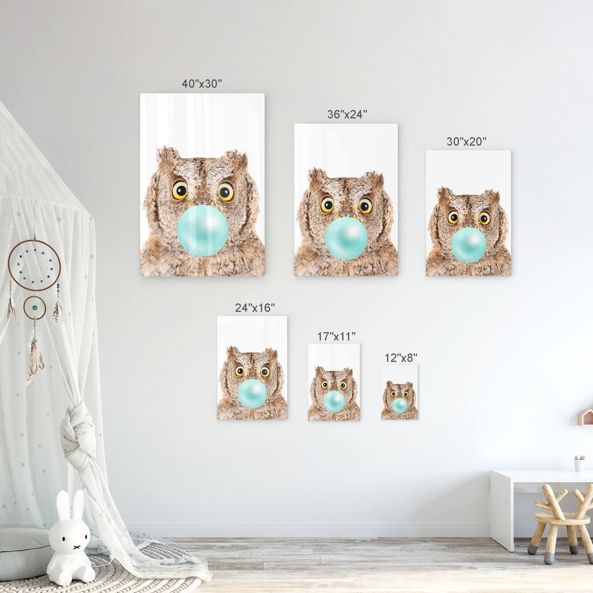 Eurasian Scops Owl Chewing Blue Bubble Gum Metal Wall Art Print - 12x8 Inch African Safari Animal Pop Art for Office, Living Room, Bedroom & Nursery Decor | Unique Home & Gift Idea for Animal Lovers