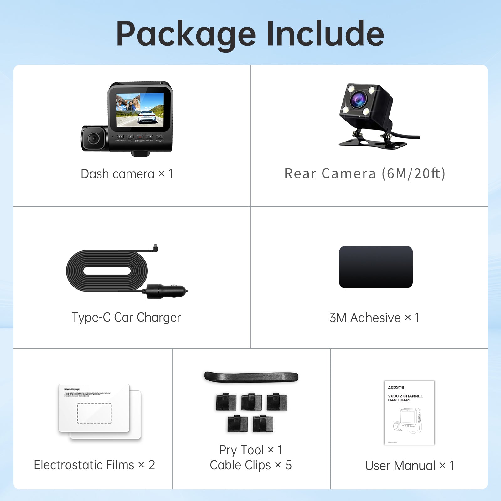 AZDOME V600 3 Channel Dash Cam with Front, Rear & Interior View - 1080P FHD Dashboard Camera, 2.4