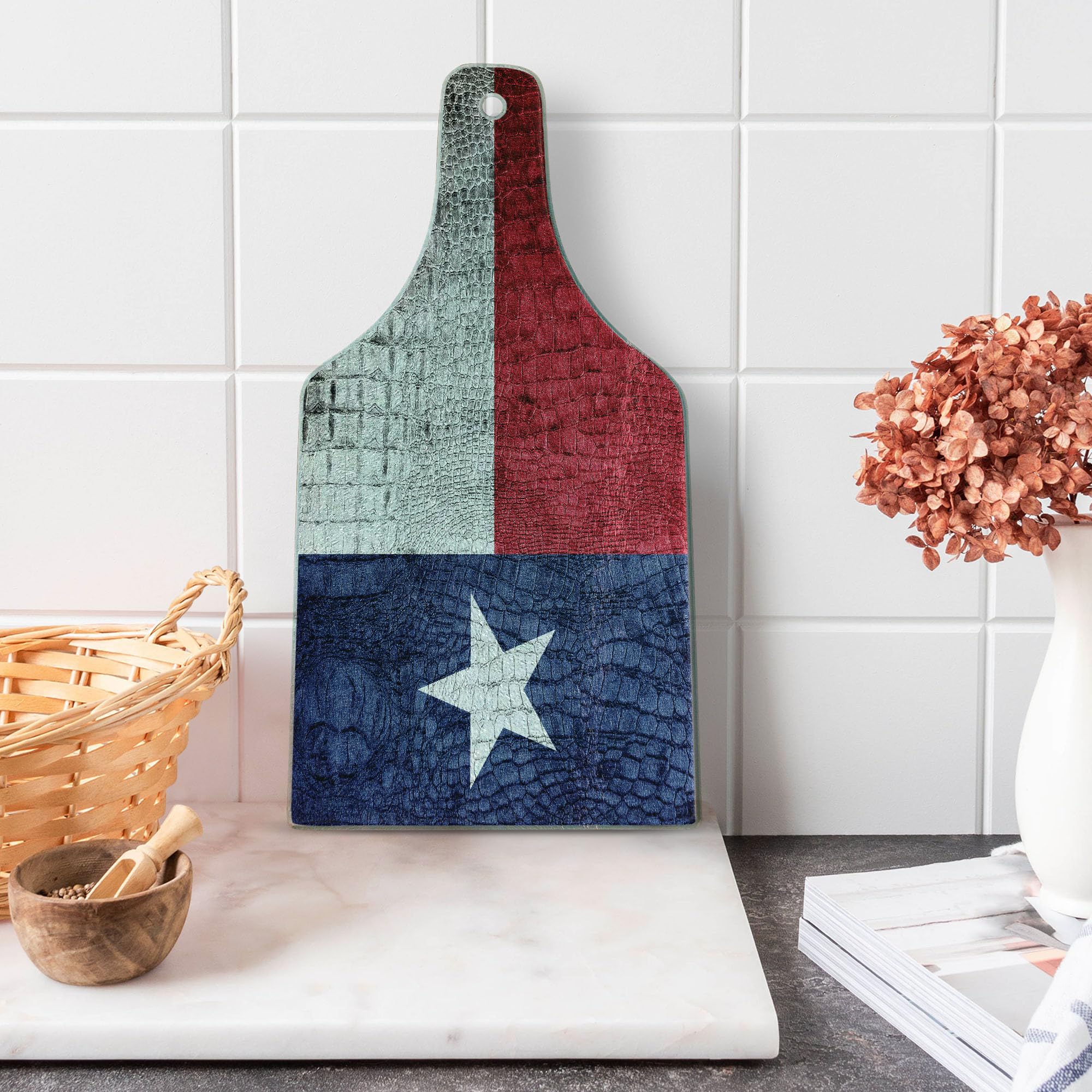 Texas State Flag Crocodile Snake Skin Tempered Glass Cutting Board - Patriotic Wine Bottle Shape Serving Board for Kitchen, BBQ, Party Decor - Ruby Dark Blue White Design