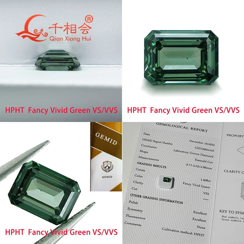 HPHT Lab-Grown Diamond - 0.5ct & 1.6ct Fancy Vivid Green Emerald Cut - VVS/VS Clarity - GEMID Certified Loose Stone for Jewelry Making & Engagement Rings
