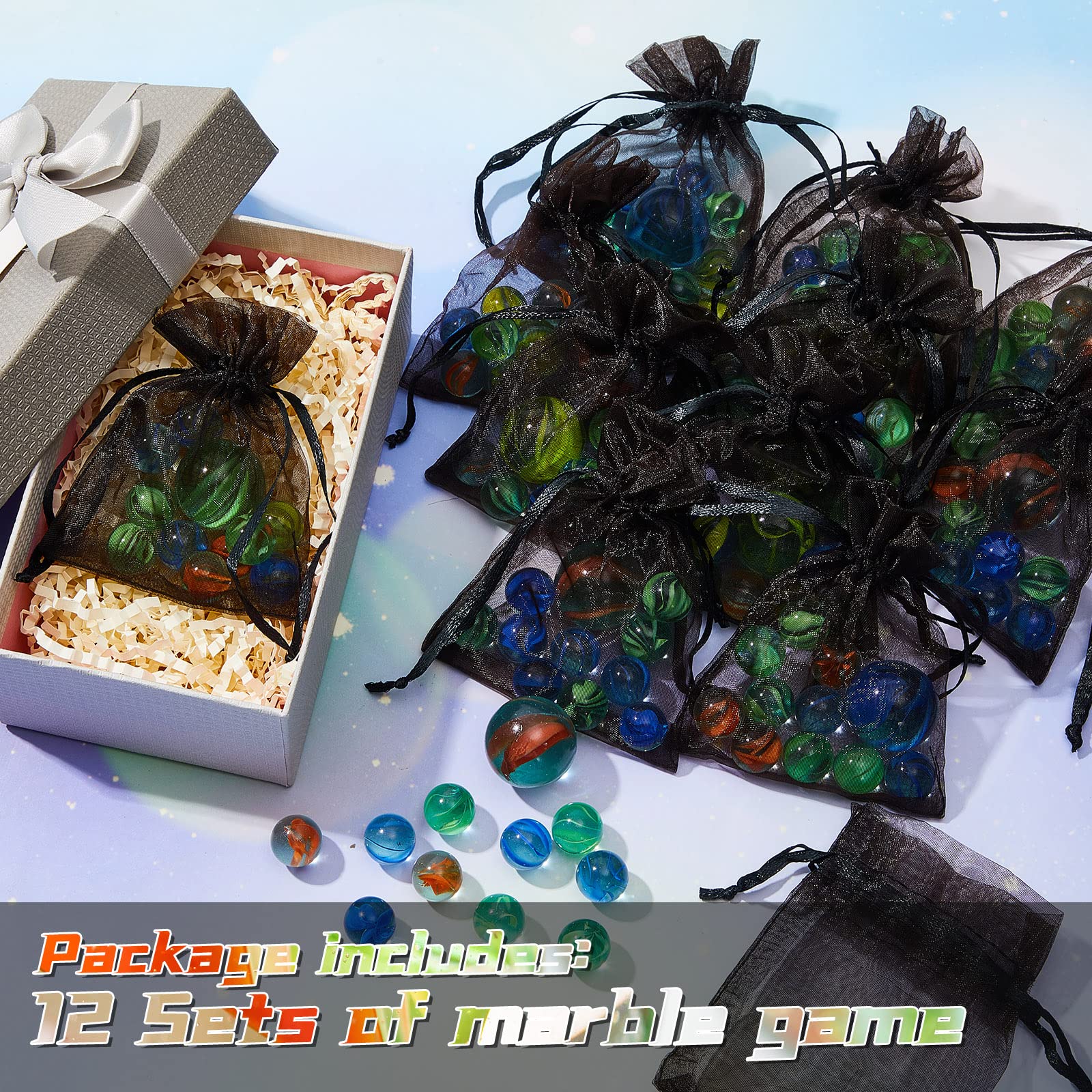 12 Pack Glass Marble Game Sets with Black Drawstring Bag - Includes 11 Marbles & 1 Shooter for Kids & Adults - Perfect for Indoor/Outdoor Play, Birthday Parties & Family Game Nights