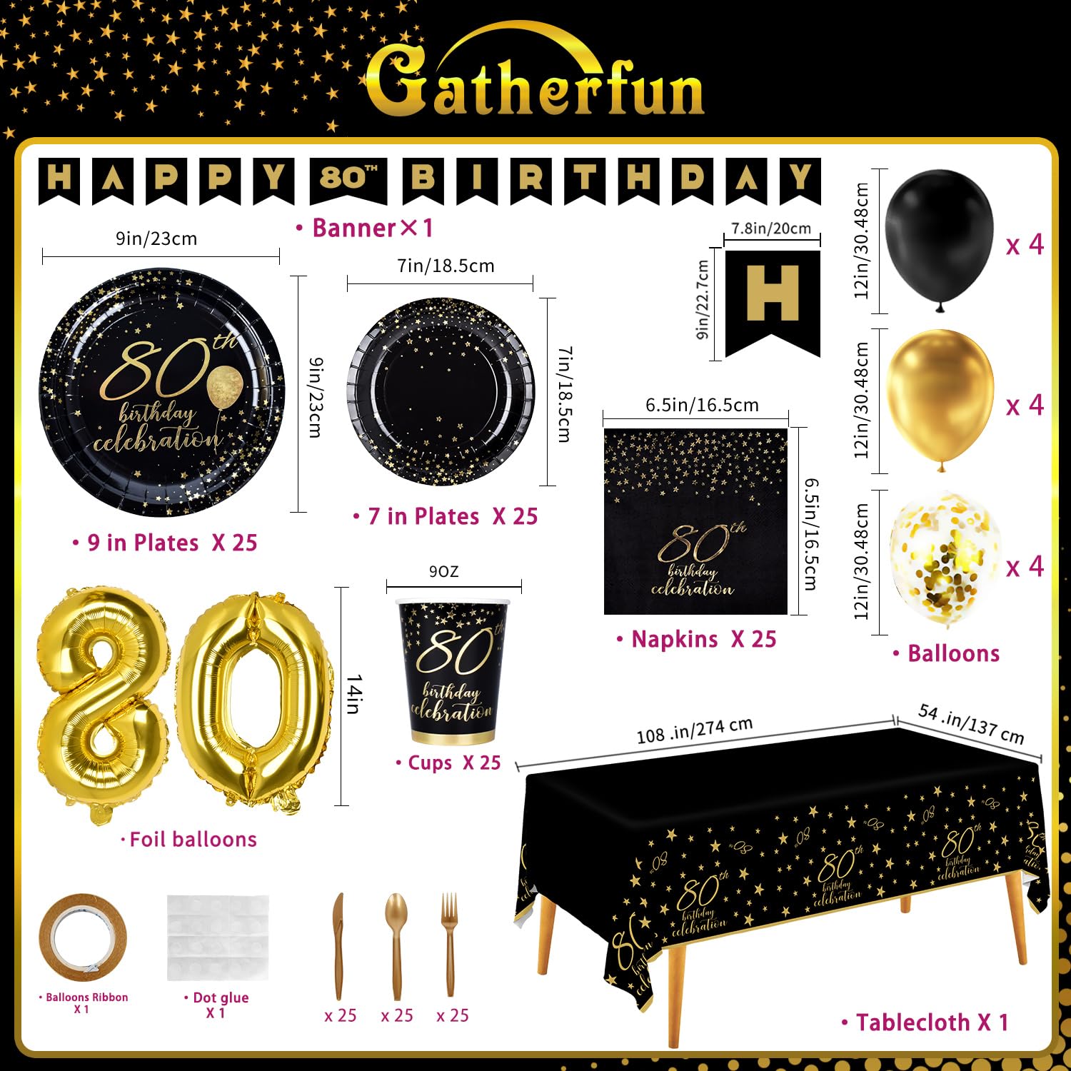 Gatherfun 80th Birthday Party Supplies Set - 25-Pack Disposable Paper Plates, Napkins, Cups, Cutlery & Tablecloth with Black & Gold Balloons & Banner Decorations for Men & Women | Perfect for Milestone Celebrations & Retirement Parties