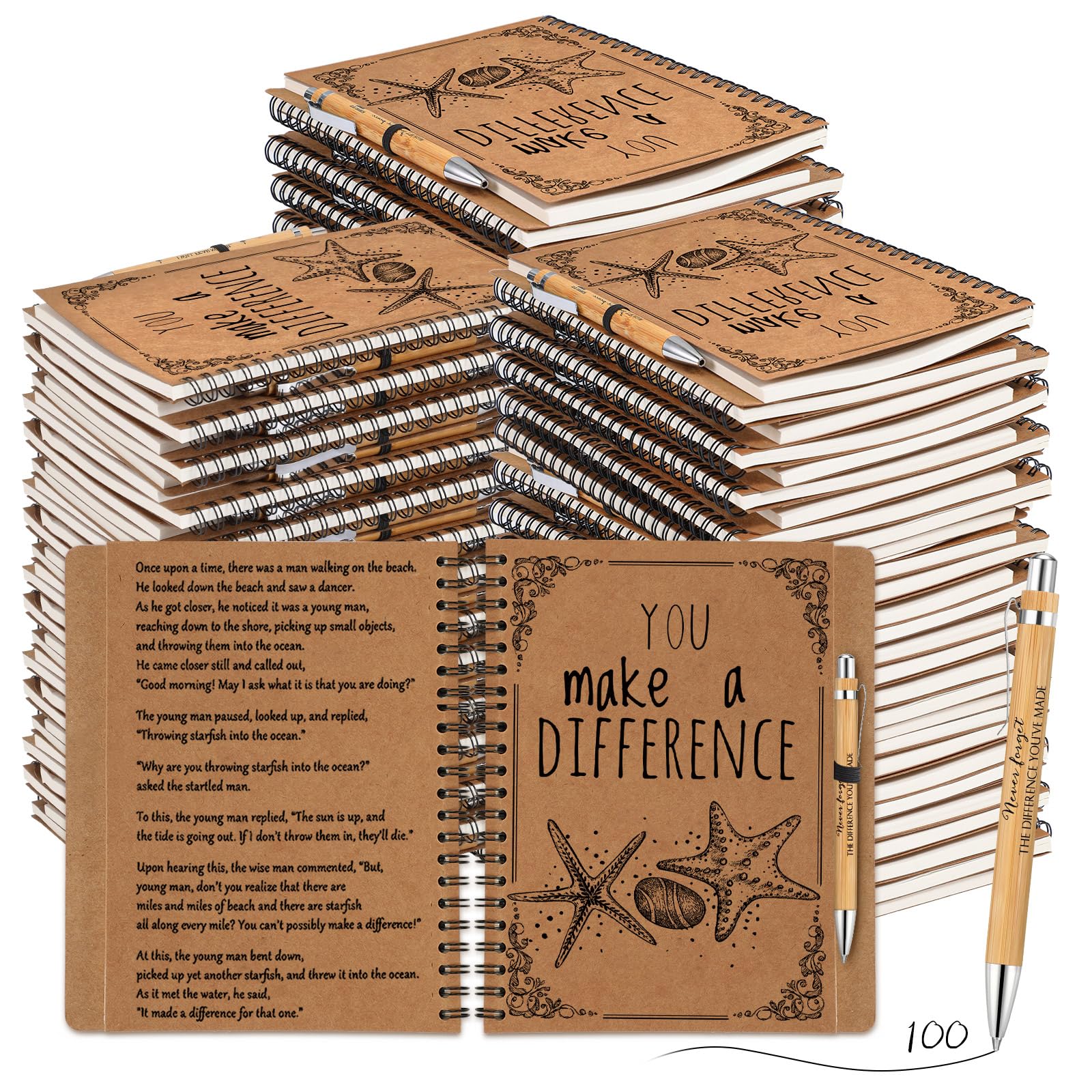 Bulk Employee Appreciation Gifts - 100 Sets Inspirational Starfish Notebook with Bamboo Pen - Thank You Gifts for Teachers, Students, Coworkers & Volunteers - Perfect for Christmas, Recognition Awards & Workplace Incentives