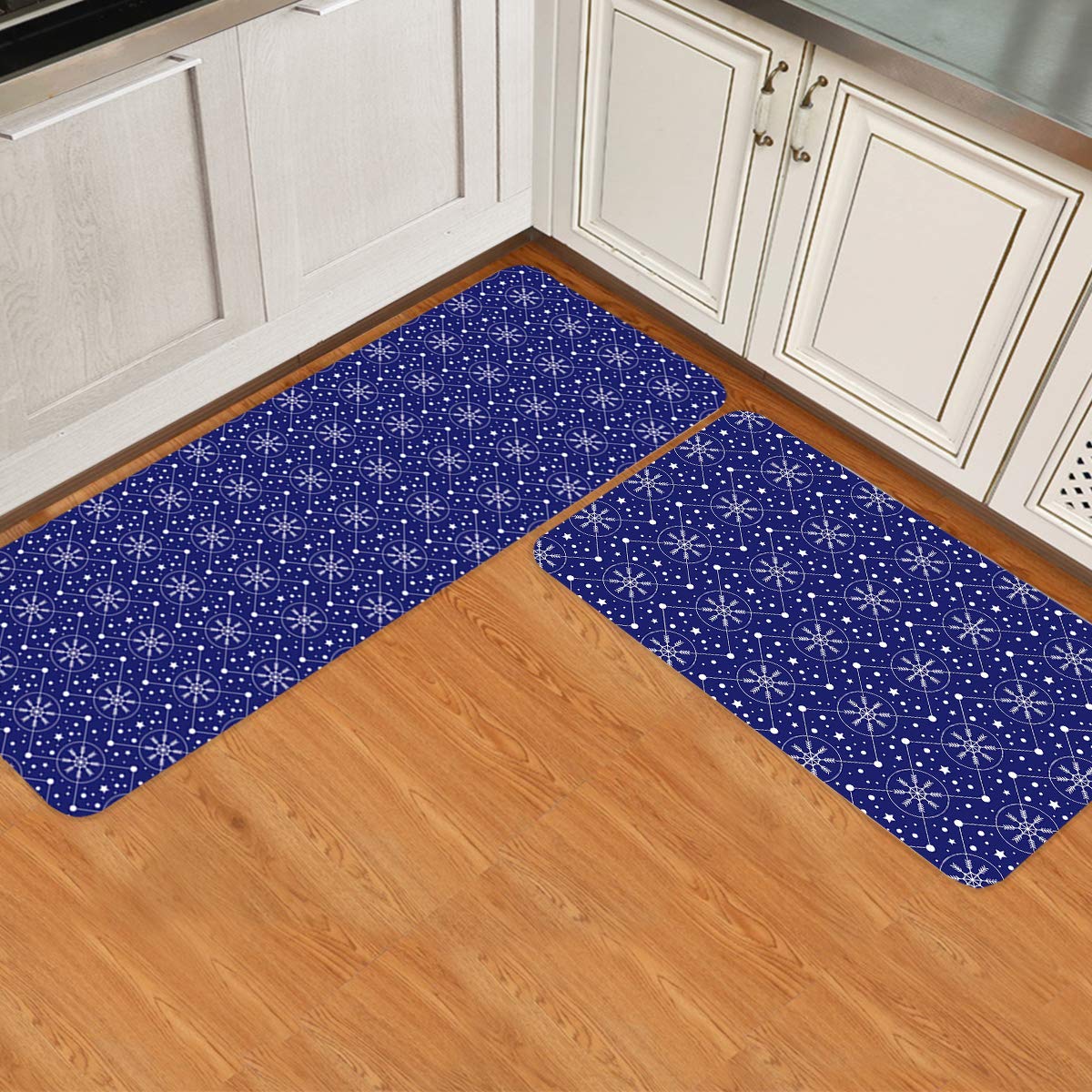 Christmas Kitchen Rugs and Mats - Non-Skid Washable Cushioned Anti-Fatigue Mat Set of 2 with Waterproof Snowflakes Stars Pattern for Winter Holiday Decor, Perfect for Kitchen, Dining Room, and Entryway