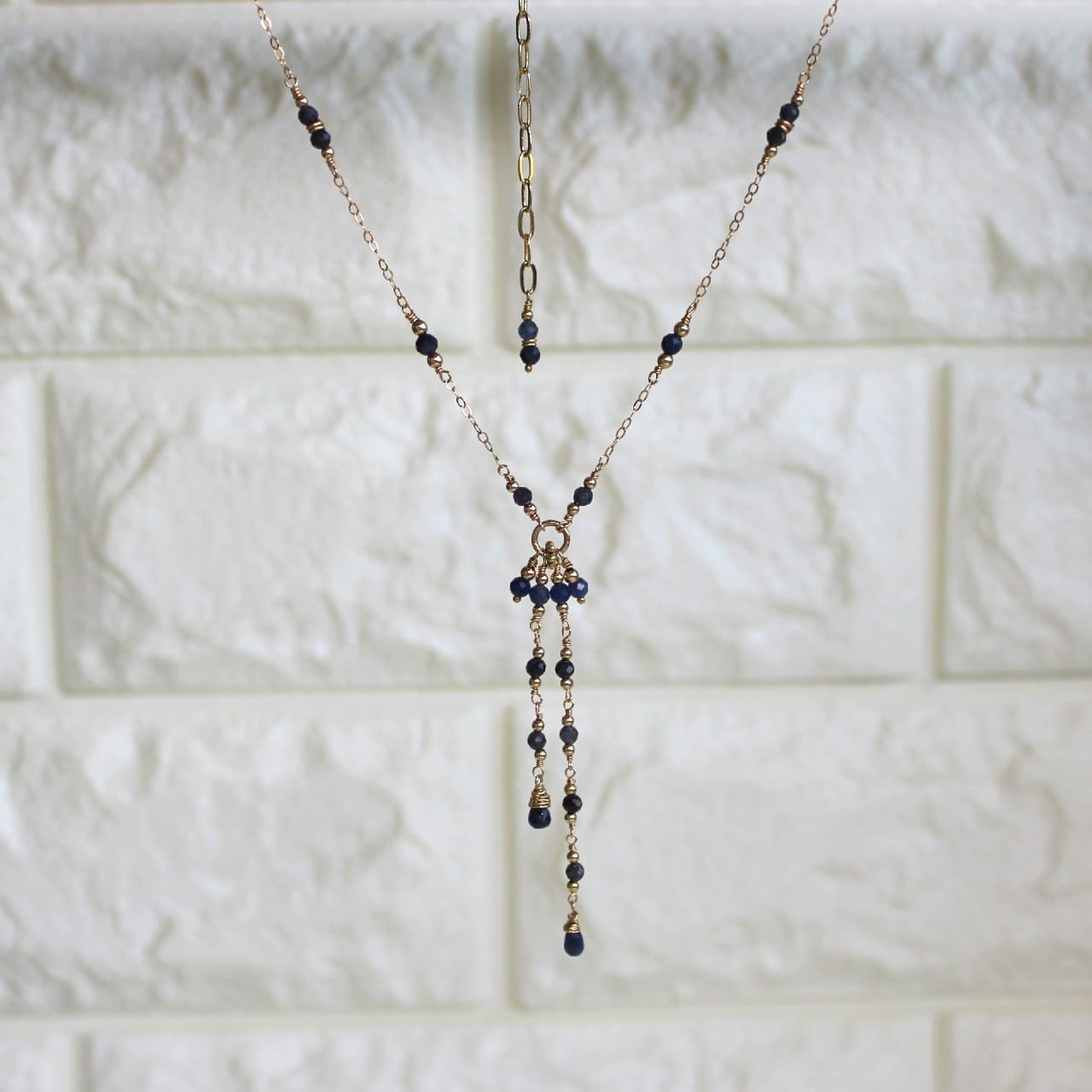 14K Gold Filled Blue Sapphire Lariat Necklace with Tassel & Delicate Y-Chain | 925 Sterling Silver Jewelry (15