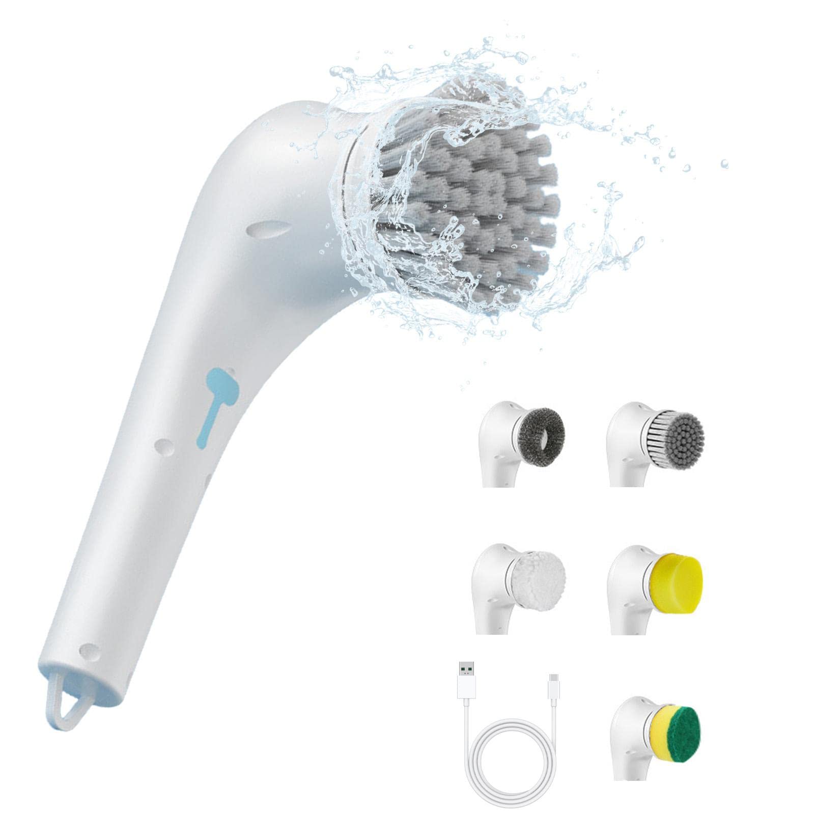 Rechargeable Electric Scrubber Brush with 5 Replaceable Heads - Powerful Cleaning Tool for Bathroom Tiles, Kitchen Sinks, Bathtubs & Floors - Ideal for Deep Cleaning Stubborn Grime & Soap Scum in Households