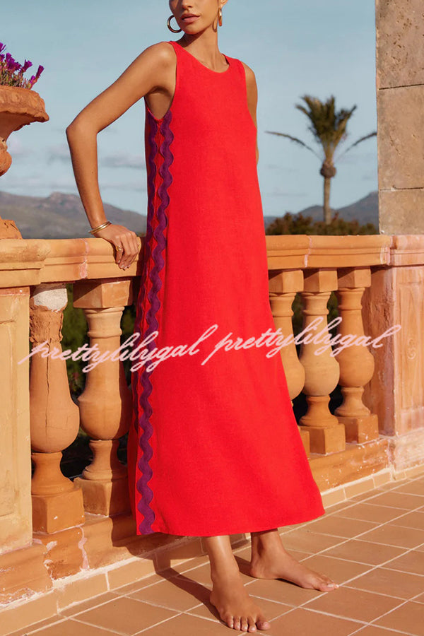 Elegant Boho Maxi Dress with Ric Rac Wave Trim - Flowy Loose Fit for Beach Vacations & Summer Getaways