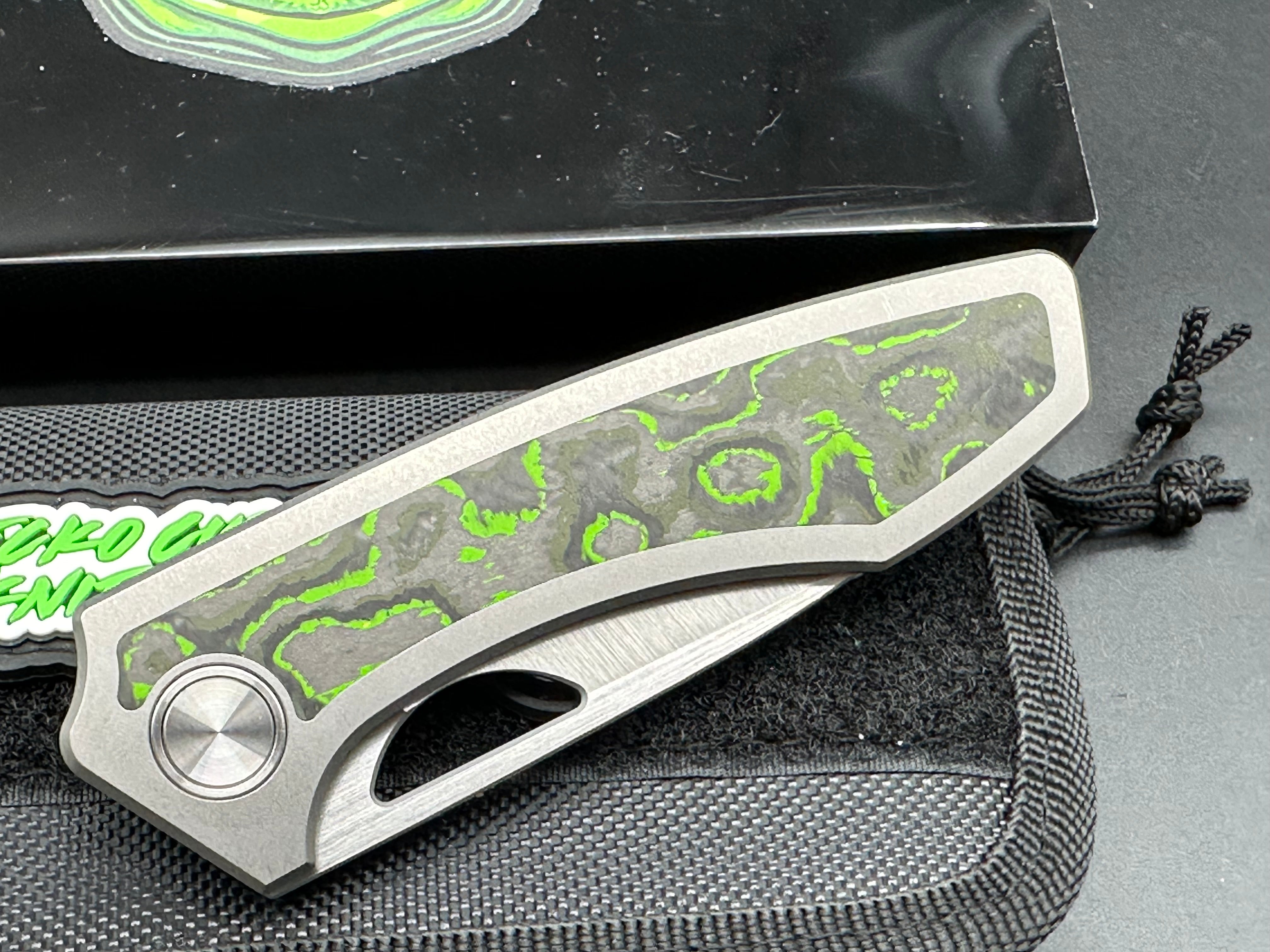 Premium Gecko Customz Sikorae MagnaCut Folding Knife - Satin Finish Blade with Titanium Handle & Toxic Moss Fat Carbon Inlay - EDC, Outdoor Survival, Camping, Hunting Gear