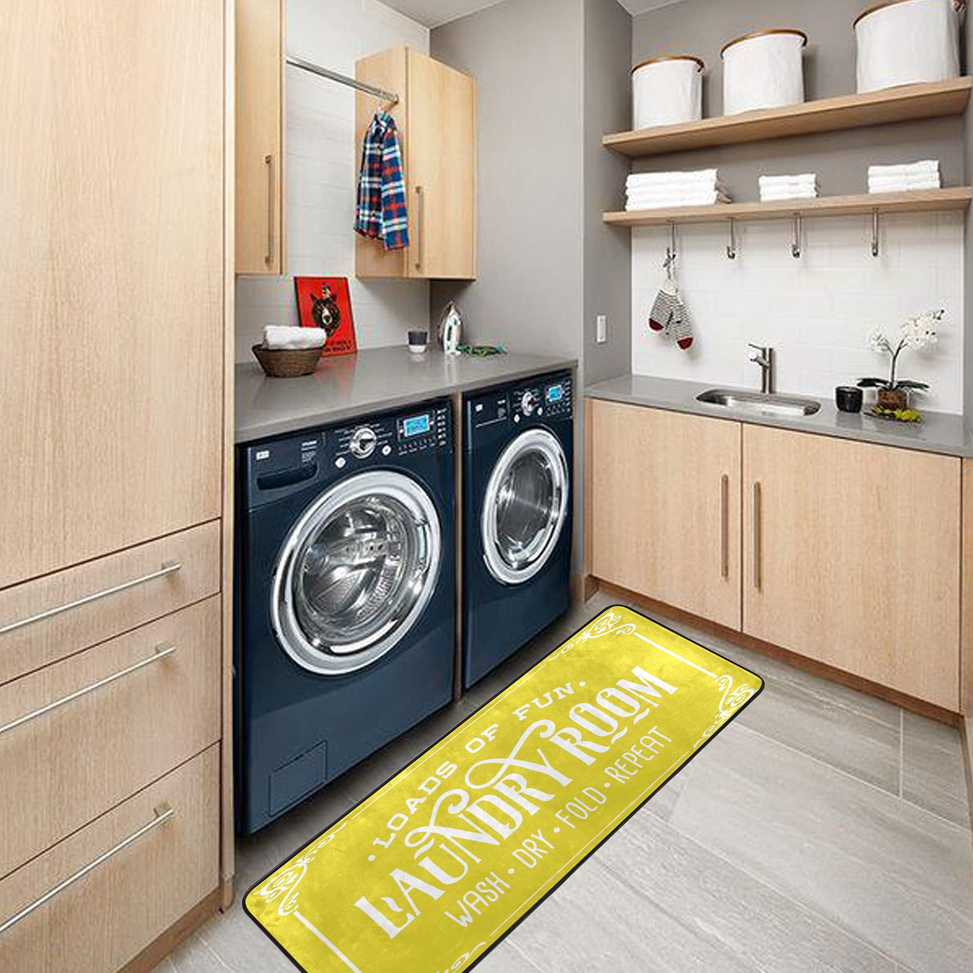 KLL Machine Washable Laundry Rug - 72x24 Inch Non-Slip Laundry Room Runner for Farmhouse Decor - Yellow Washable Rug for Front of Washer & Dryer - Perfect for Mudrooms, Utility Rooms & Laundry Areas