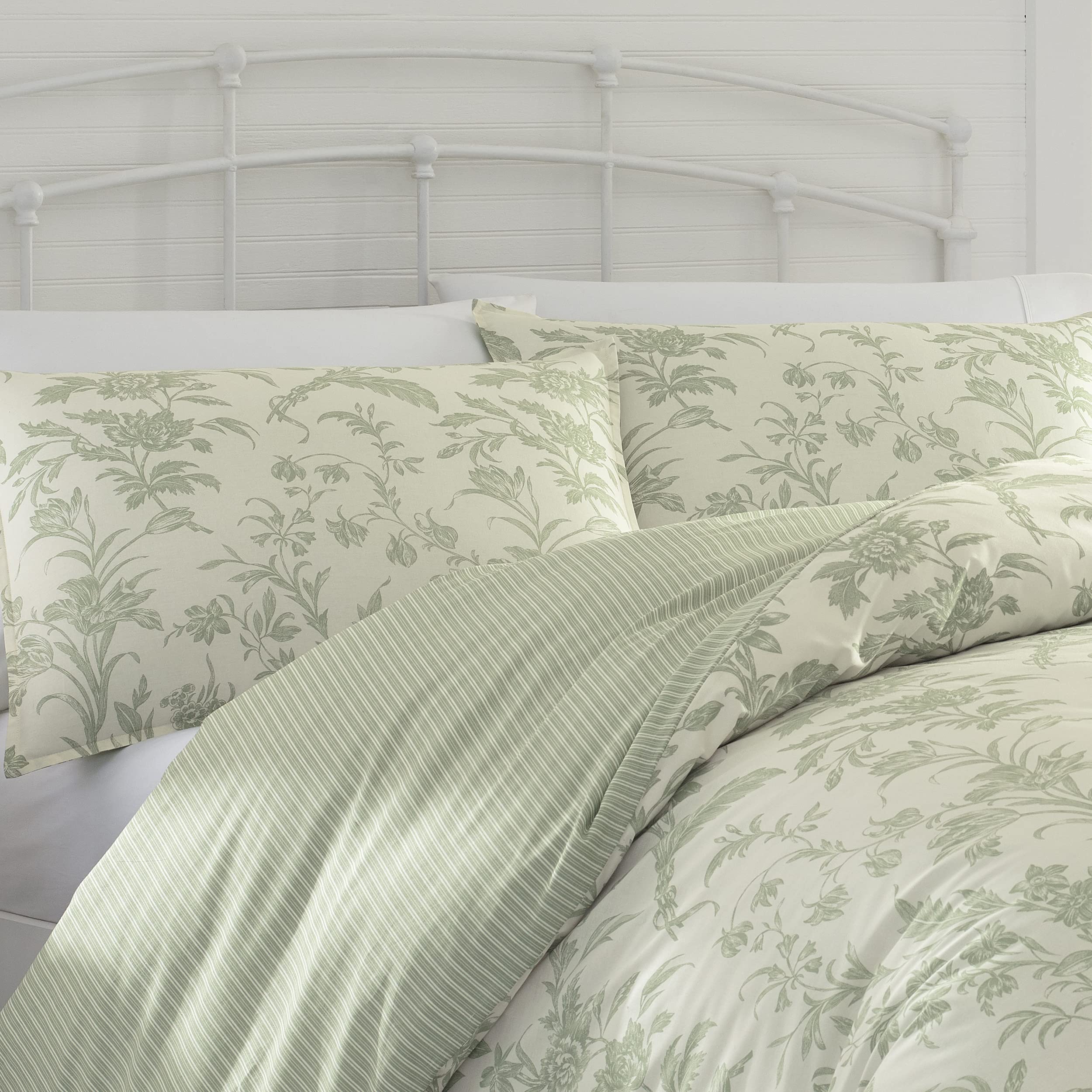 Laura Ashley Home - King Size Reversible Cotton Duvet Cover Set with Matching Shams, Euro Shams & Throw Pillows (Natalie Green) - Luxury Bedroom Decor for Master Suite & Guest Room