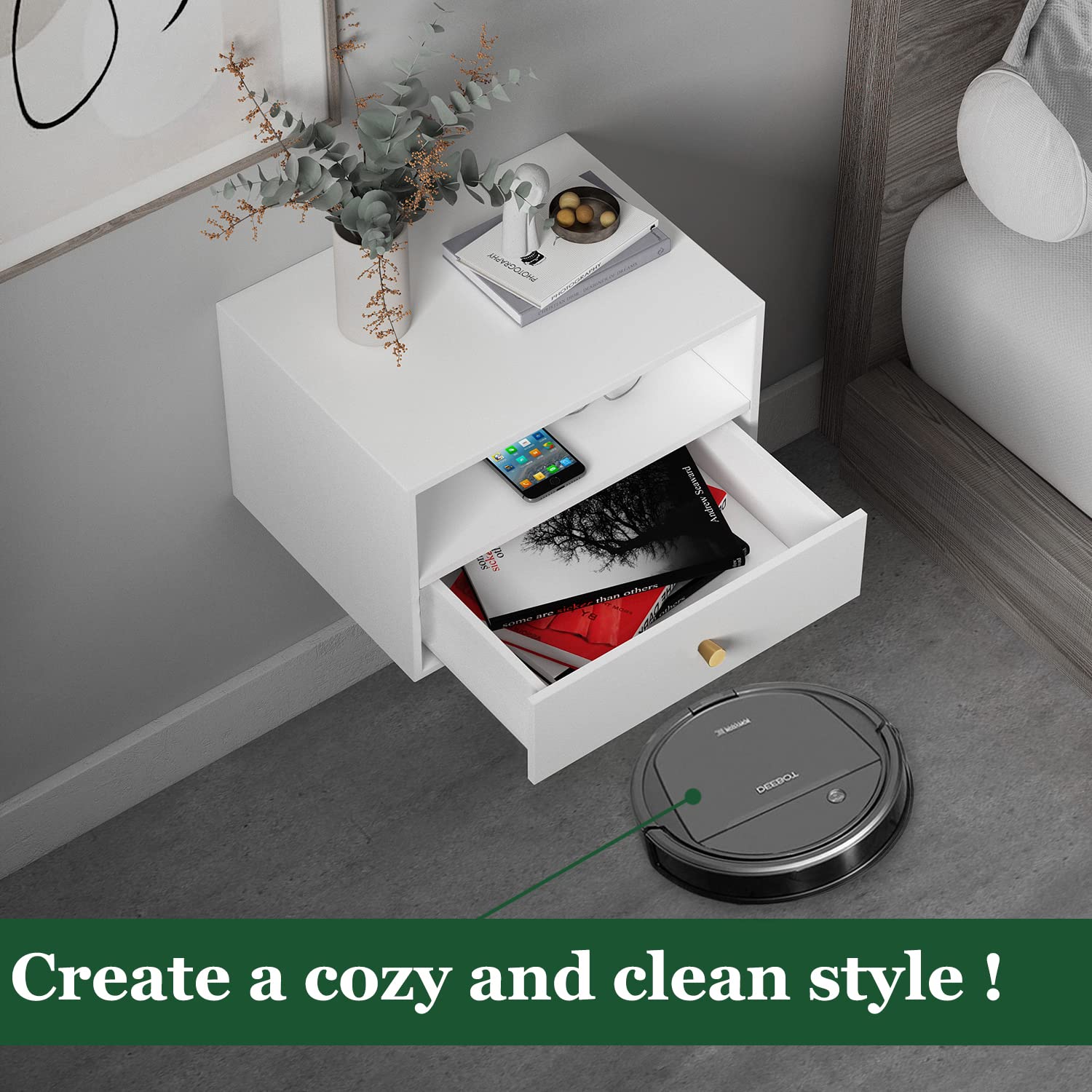 Modern Floating Nightstand with Drawer - White Wall Mounted Shelf for Bedroom & Living Room - Space Saving Storage Solution for Small Spaces