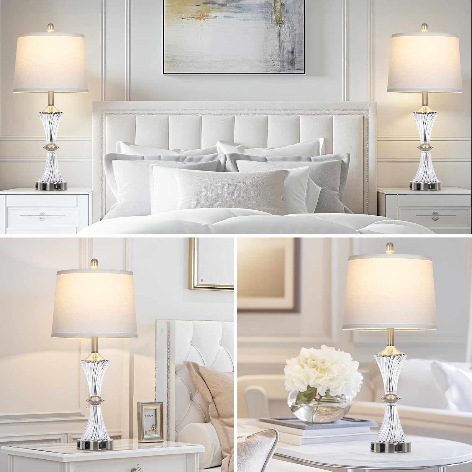 Rinweey 2-Pack Crystal Glass Table Lamps with USB C/A Ports & AC Outlet - Modern White Clear Silver Nightstand Lamps for Bedroom, Living Room - Includes LED Bulbs | Perfect for Reading, Decor, and Ambient Lighting