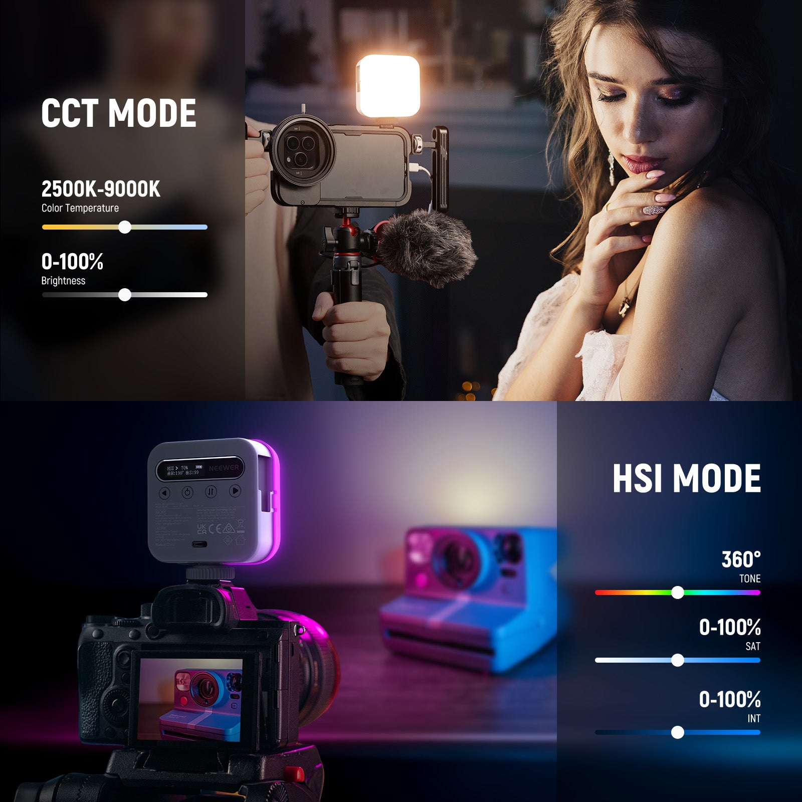 NEEWER BASICS BL60C Magnetic RGB Video Light with 360° Adjustable Stand - Perfect for YouTube, TikTok, Vlogging, Photography & Live Streaming
