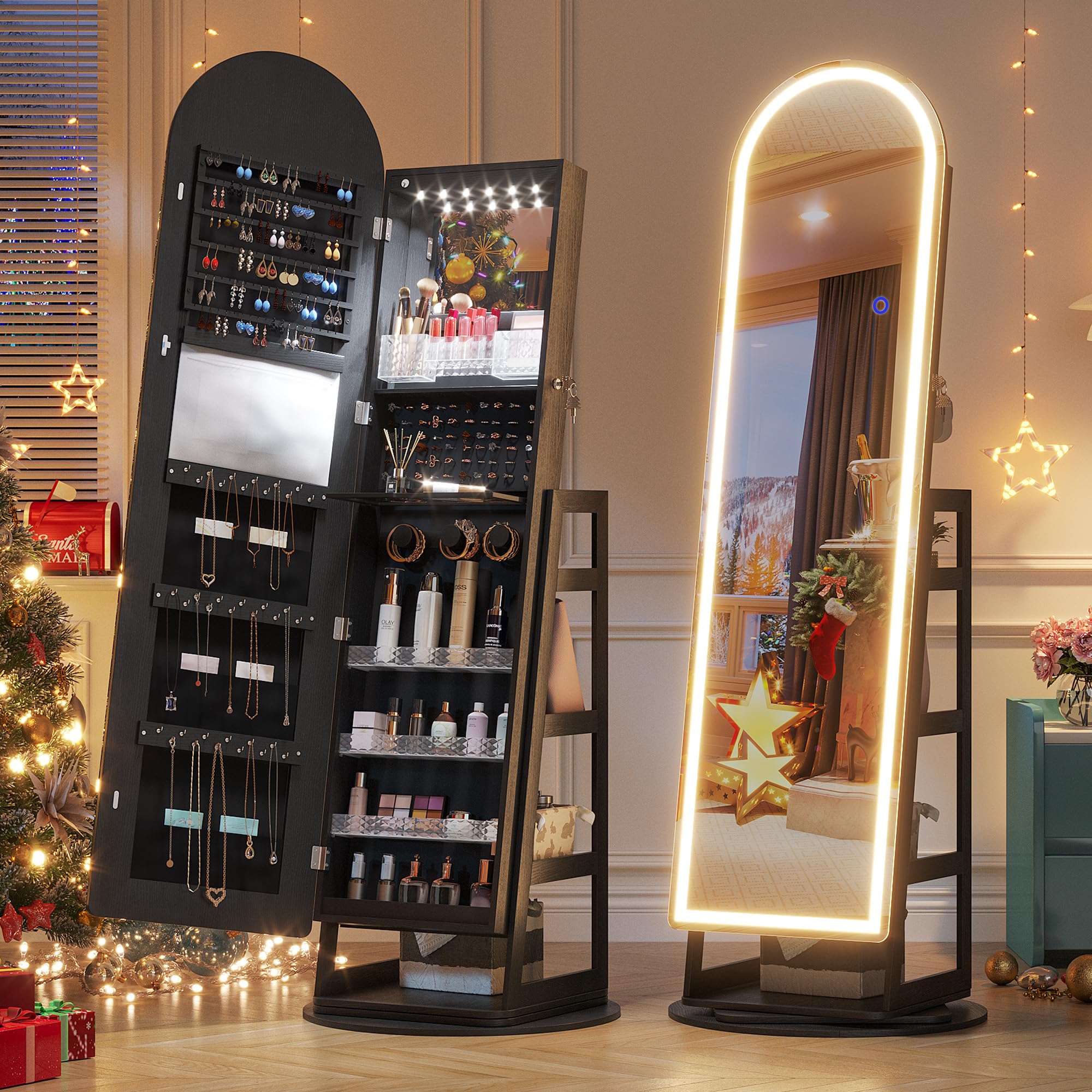 LVSOMT LED Mirror Jewelry Cabinet - Lockable Standing Jewelry Armoire with Full-Length Mirror & Adjustable Lights, Space-Saving Organizer for Bedroom, Closet or Dressing Room (Black)