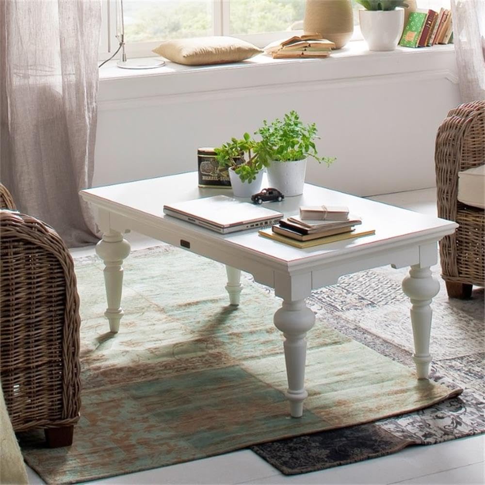 **NovaSolo Provence Pure White Mahogany Wood Rectangular Coffee Table - Modern Farmhouse Living Room Furniture for Home Decor**    **使用场景:** Perfect for cozy living rooms, farmhouse-style homes, or as a chic centerpiece in your lounge area.