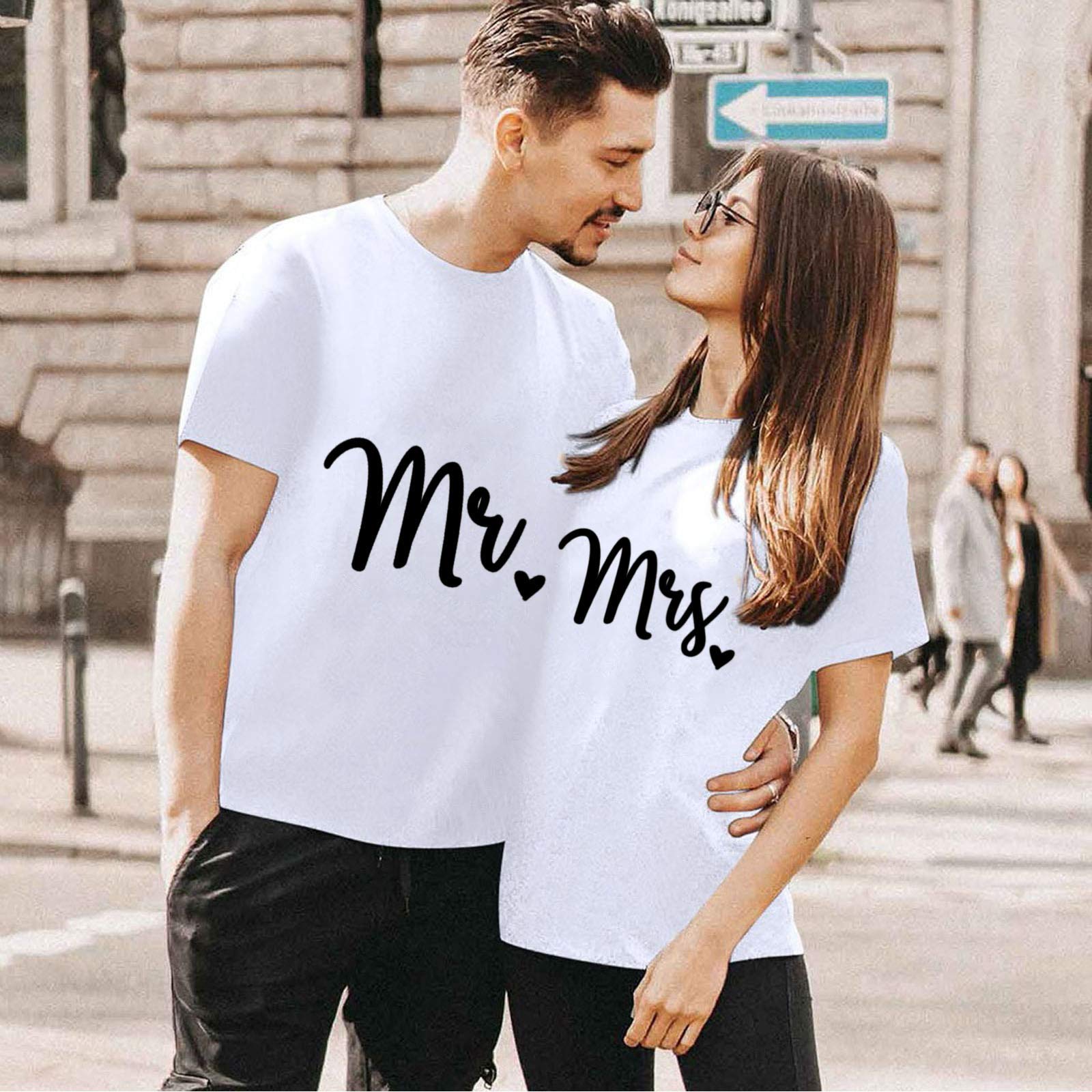 His & Her Matching Couple T-Shirts - Mr & Mrs Letter Print Short Sleeve Tees for Men & Women - Perfect for Anniversaries, Date Nights & Romantic Getaways