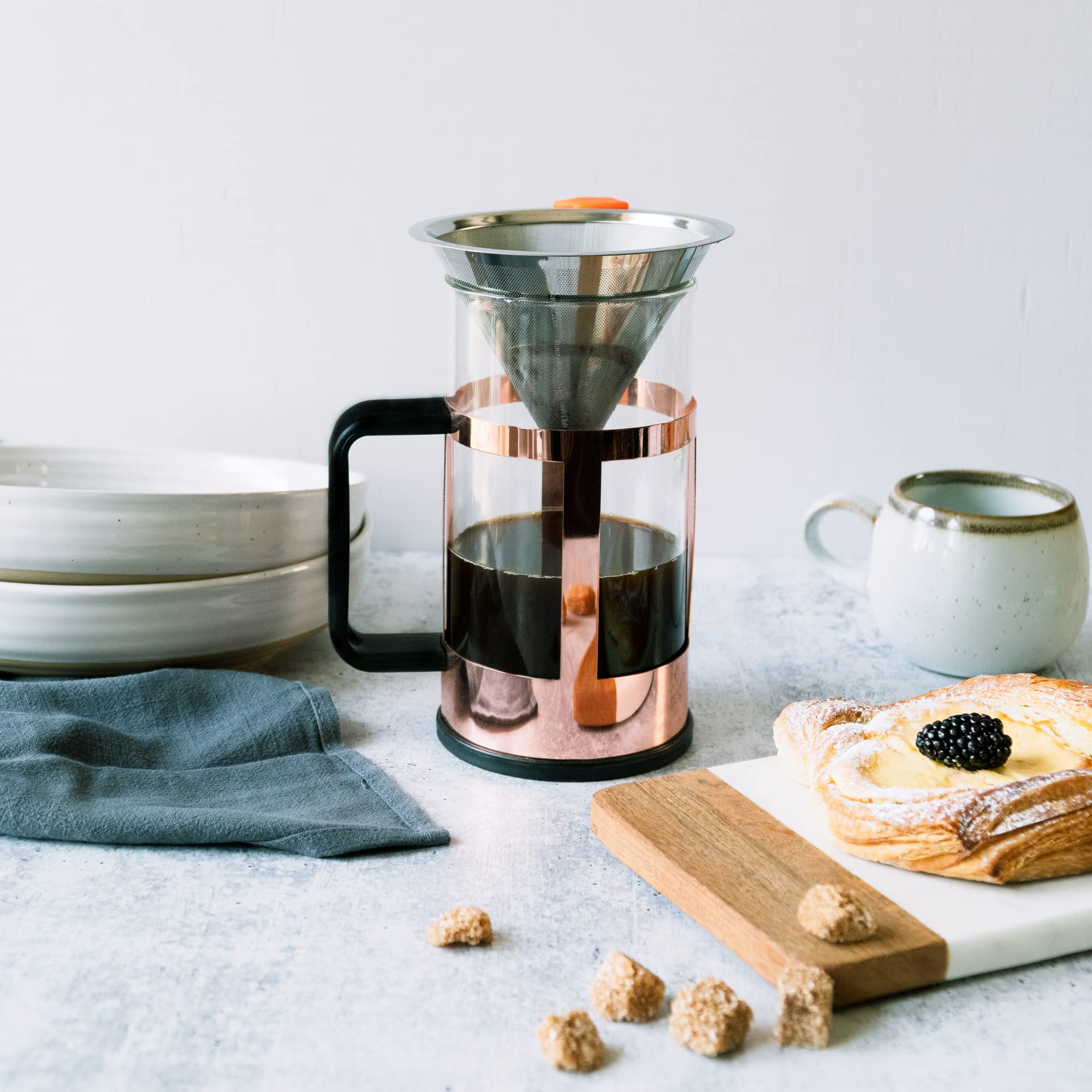 Stainless Steel Reusable Coffee Filter for Pour Over Coffee Maker - Dual Mesh Coffee Filter with Glass Measuring Cup | Perfect for Home Brewing, Camping & Office Use