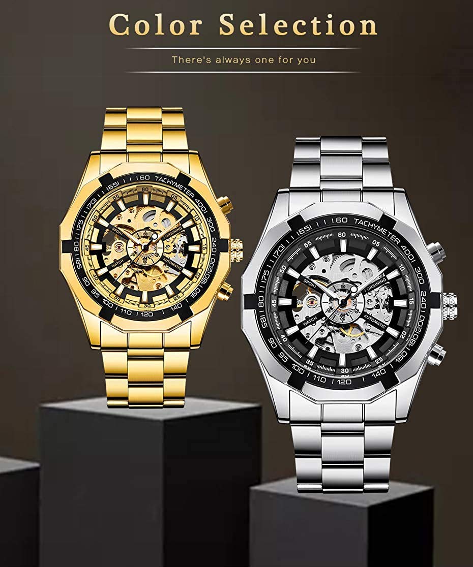 Luxury Automatic Mechanical Skeleton Watch for Men - Gold & Silver Stainless Steel Classic Wristwatch | Perfect for Business, Formal Events & Everyday Wear