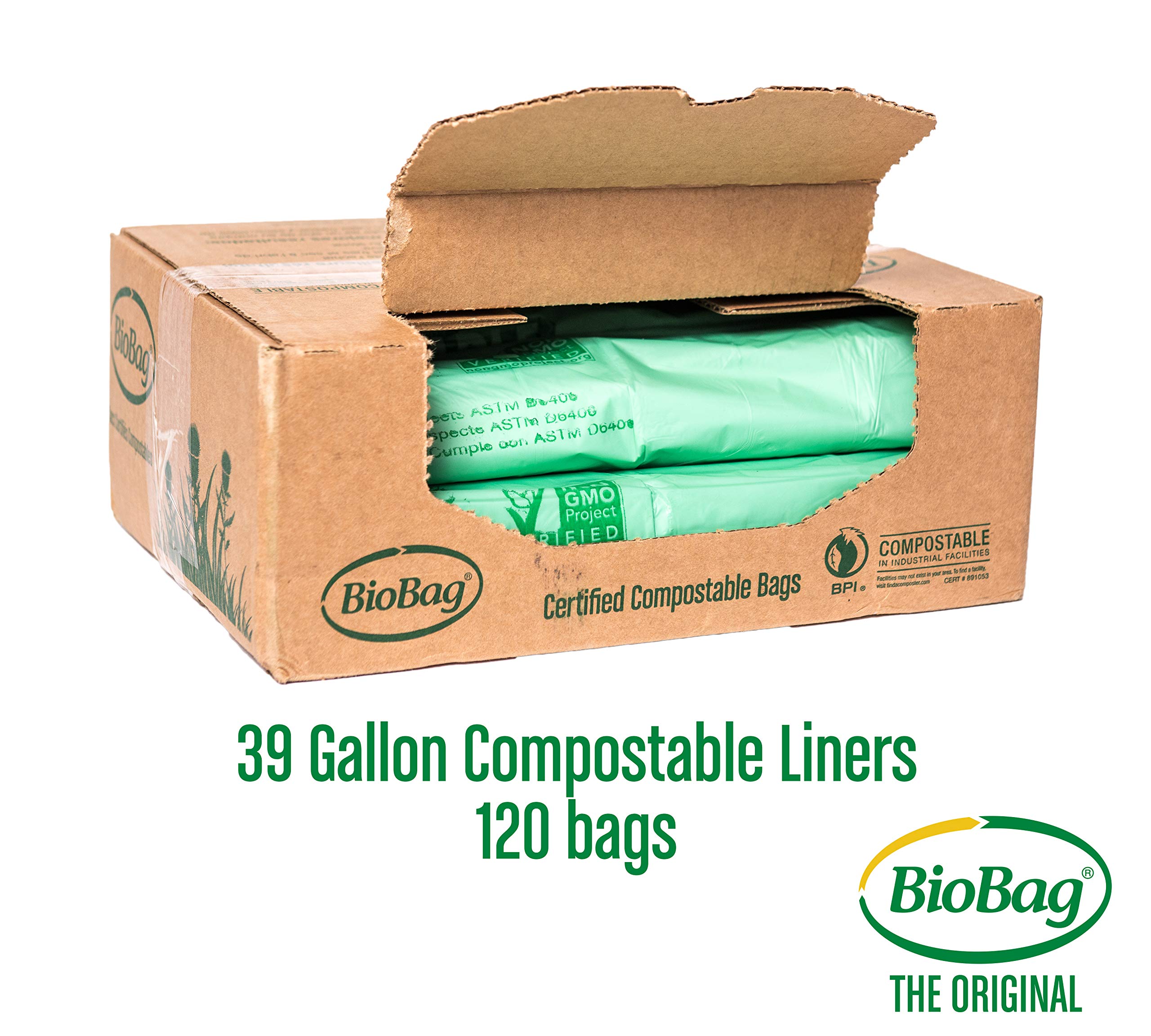 BioBag USA - The Original 100% Certified Compostable 39 Gallon Trash Bags (120 Count) | Extra Strong & Durable Food Waste Liners | Perfect for Kitchen Compost Bins & Organic Waste Disposal