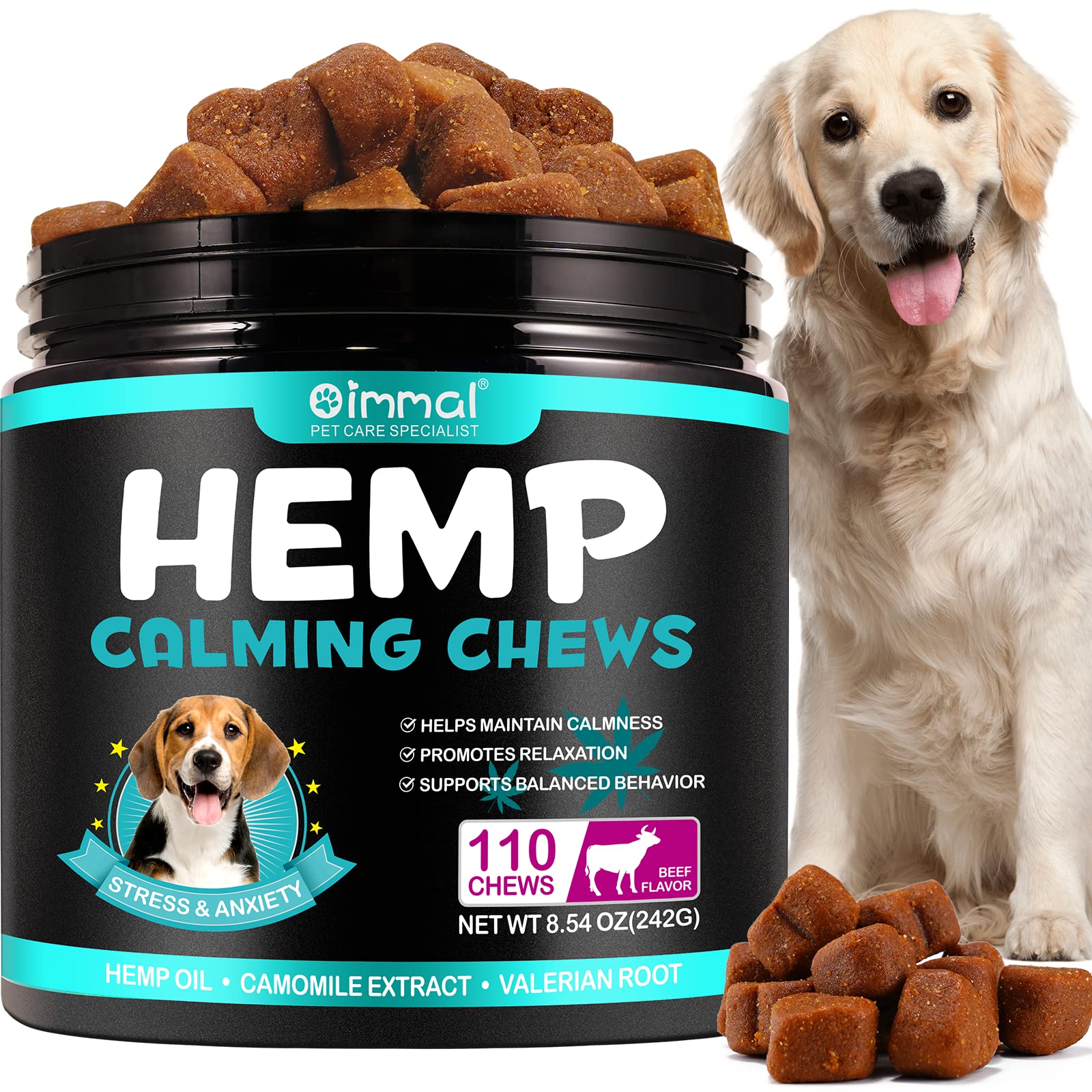 Hemp Calming Chews for Dogs - 110 Count (8.54 oz) Beef Flavored Anxiety Relief Treats - Helps with Separation, Barking, Stress & Sleep Support - All Breeds & Sizes - Perfect for Travel, Vet Visits & Thunderstorms