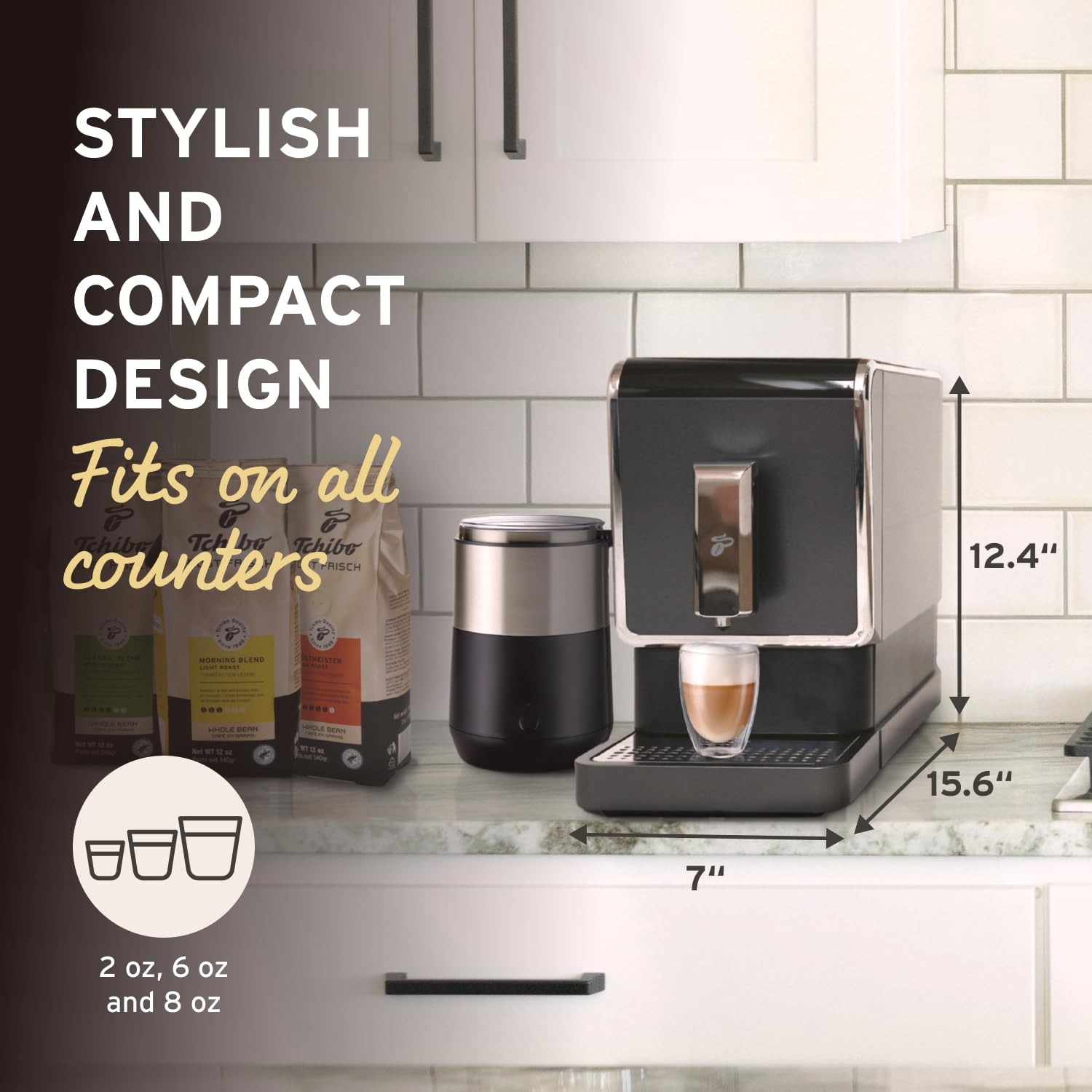 Tchibo Automatic Espresso & Coffee Machine with Built-in Grinder - Silver | Includes 3 x 12 oz. Bags of Whole Bean Coffee | Perfect for Home, Office & Cafe Use