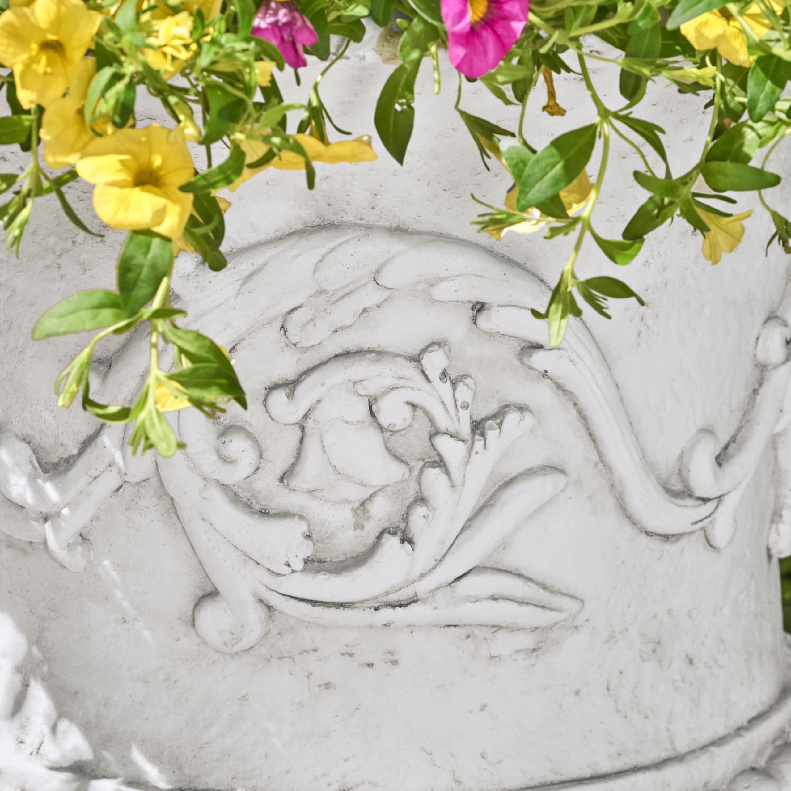 Christopher Knight Home Adonis Traditional Roman Chalice Garden Urn Planter with Lion & Floral Accents - Antique White Outdoor Decor for Patio, Garden, and Porch