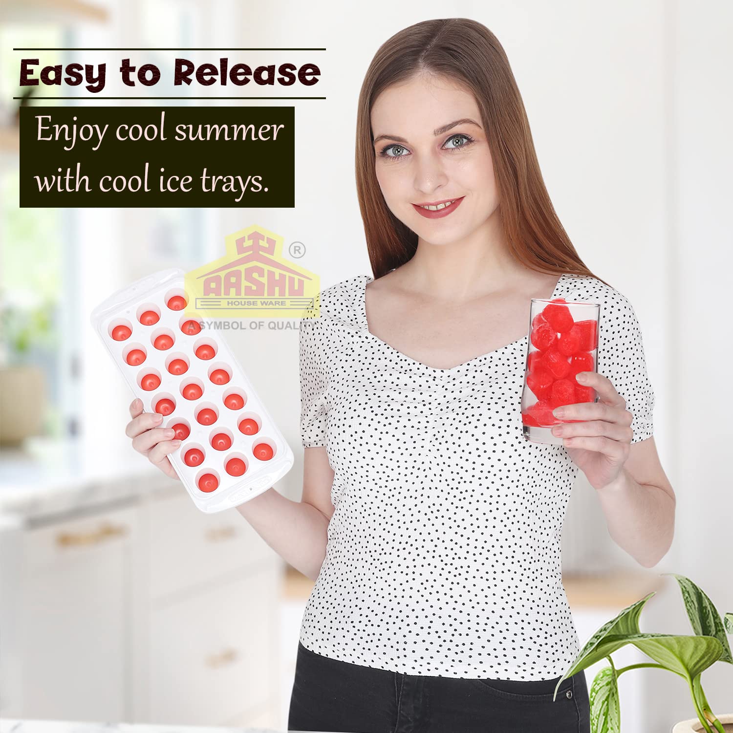 Aashu Silicone Ice Cube Tray with Lid - 21 Cube Stackable, Durable & Dishwasher Safe - Easy Push Ice Molds for Freezer (Blue & Red, Pack of 2) - Perfect for Cocktails, Smoothies & Cold Drinks