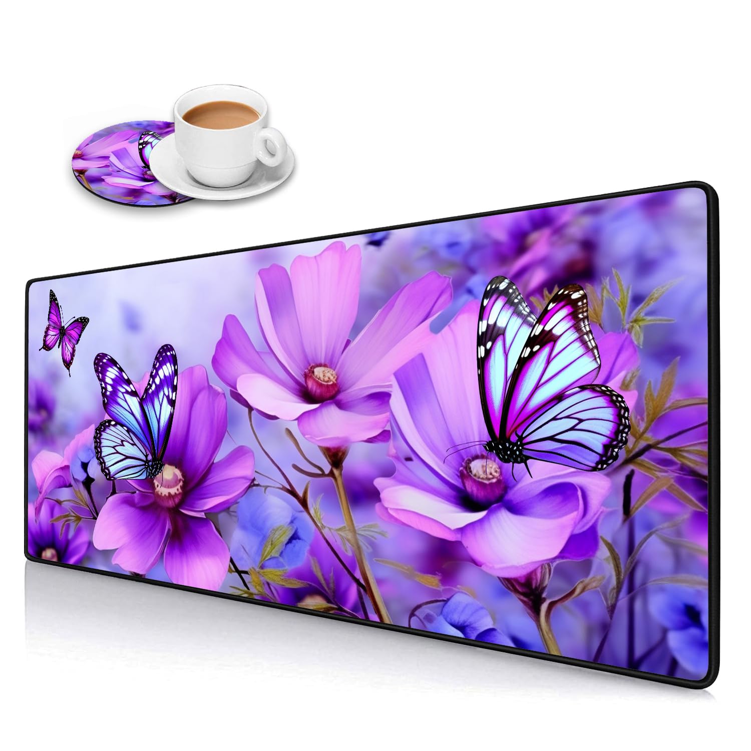 XXL Large Gaming Mouse Pad with Coasters & Stitched Edges - Purple Flowers & Butterflies Design Desk Mat for Laptop, PC, Office & Home Use | Perfect for Work, Gaming, and Writing