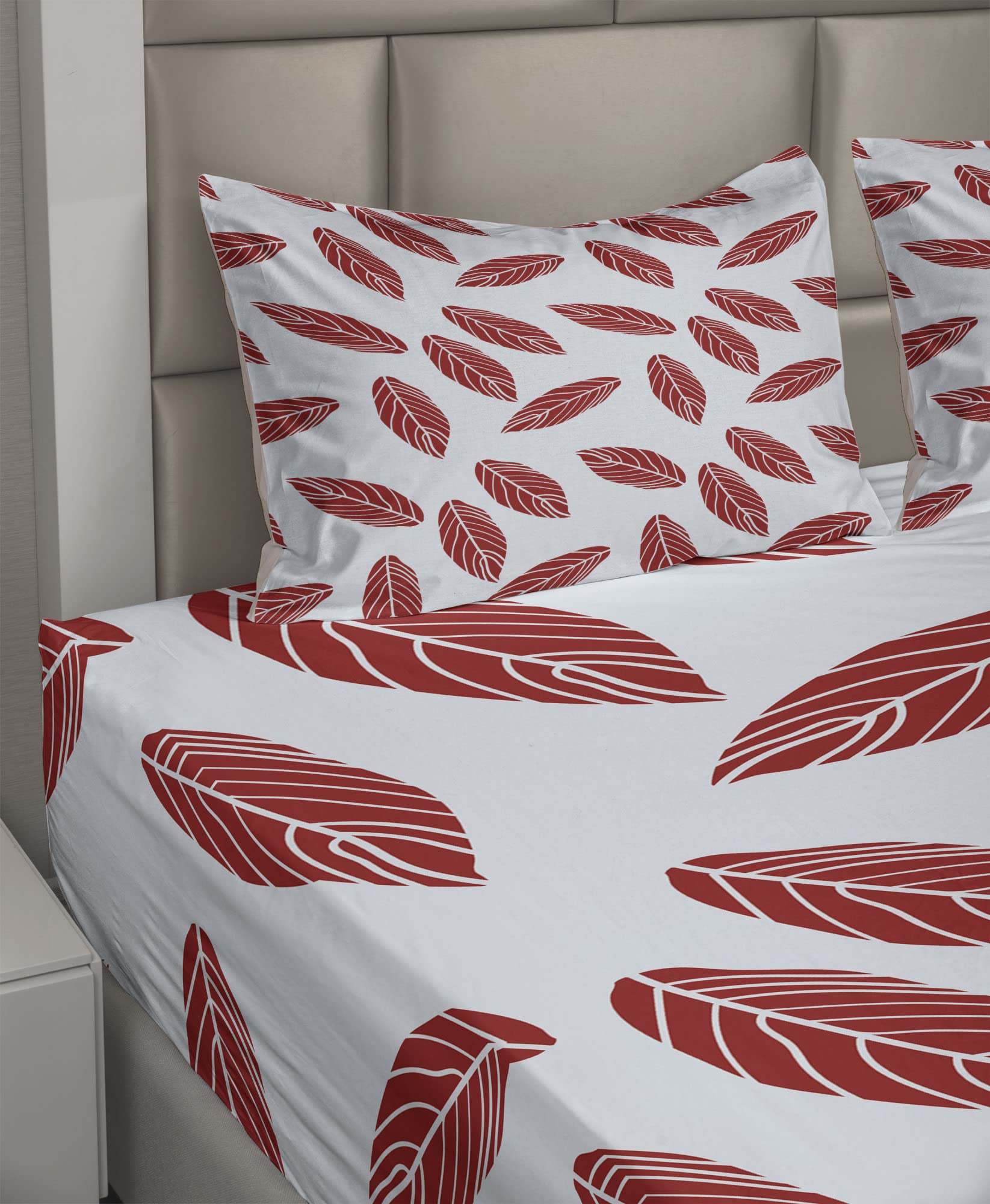 Ambesonne 4-Piece Queen Sheet Set - Modern Abstract Leaf Design on Cool Pastel Muted Backdrop, Includes Fitted Sheet, Flat Sheet & 2 Pillowcases | Soft Bedding for Cozy Sleep, Guest Room & Dorm Decor | Pale Blue Ruby