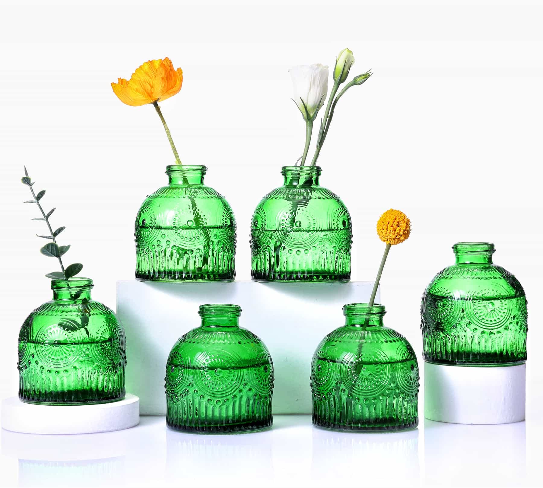 Aebor Set of 6 Glass Bud Vases - Small Flower Vases for Floral Arrangements, Rustic Home Decor Centerpieces - Perfect for Living Room, Office, Wedding & Event Decorations (Green) - Ideal for Table Centerpieces, Bridal Showers, and Home Styling