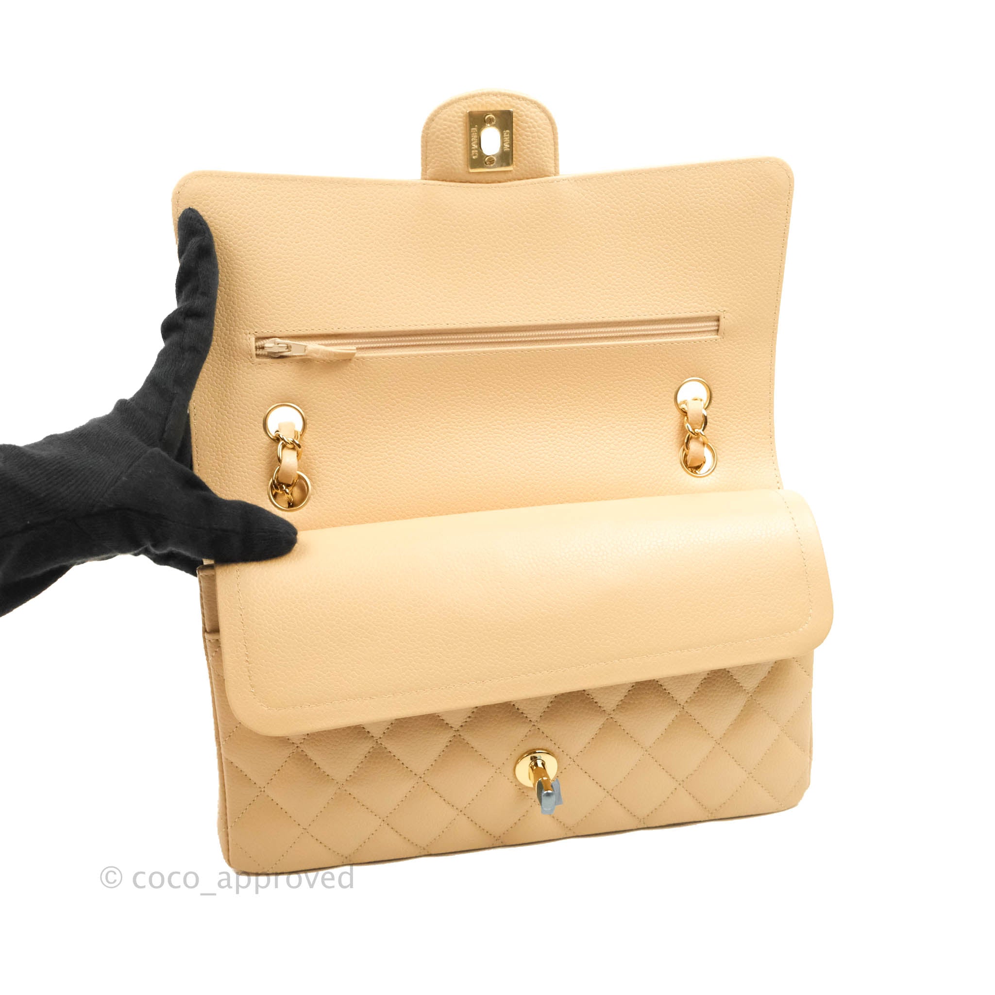 Chanel Classic M/L Medium Flap Bag Quilted Beige Caviar Leather with Gold Hardware - Luxury Handbag for Women, Perfect for Parties, Work & Everyday Use