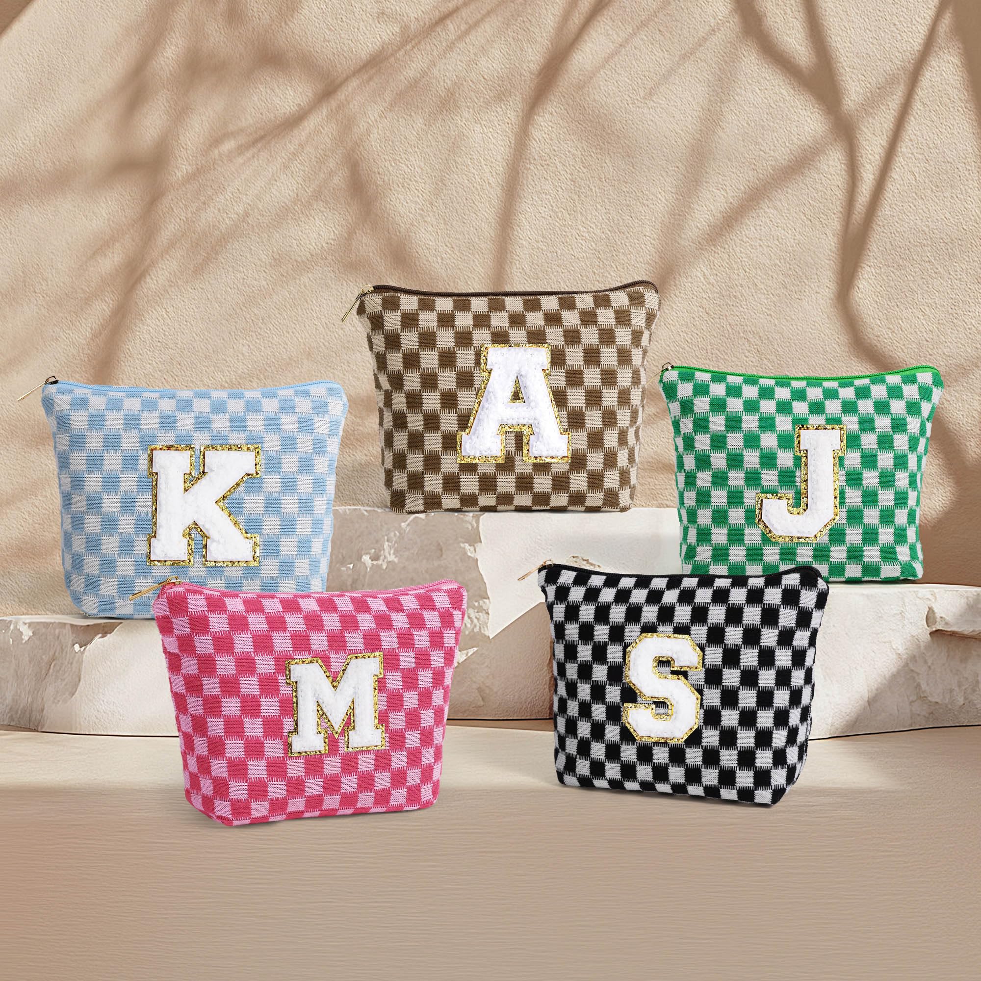 YOOLIFE Personalized Initial Makeup Bag - Travel Toiletry Cosmetic Organizer Set with Large Zipper, Small Cute Makeup Pouch for Purse & Car Essentials, Brown | Perfect for Travel, Gym & Daily Beauty Storage
