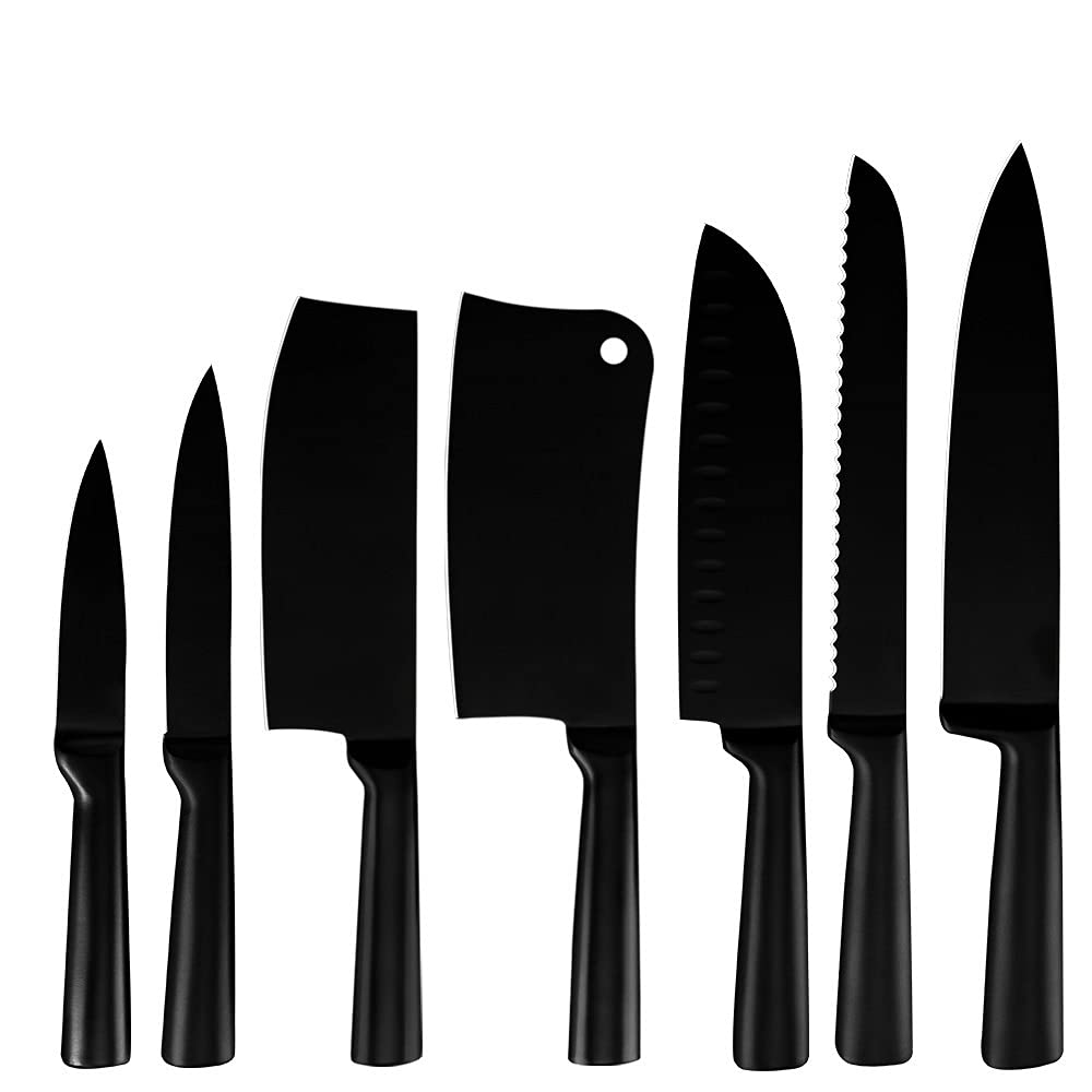 Premium 8-Piece Stainless Steel Kitchen Knife Set - Black Non-Stick Chef, Santoku, Bread, Utility & Paring Knives for Professional Cooking & Home Use - Ideal for Slicing, Chopping & Food Prep (Color: Black 7pc Set) BY ZZYY