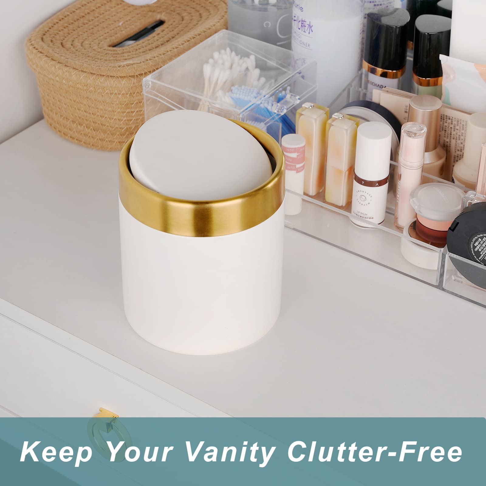 Mini Trash Can with Lid - 1.5L Small Metal Garbage Bin for Desk, Office, Kitchen Counter & Coffee Bar | Compact Waste Basket for Home & Workspace | Elegant White Design