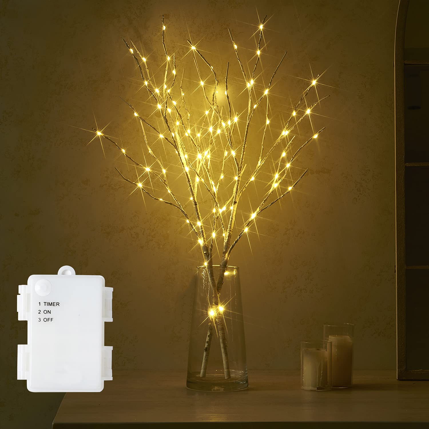 Fudios 30IN Battery Operated LED Birch Twig Lights with Timer - 100 Warm White LEDs for Indoor/Outdoor Holiday Decor (2-Pack) | Perfect for Winter Centerpieces, Vase Fillers, and Seasonal Home Decoration