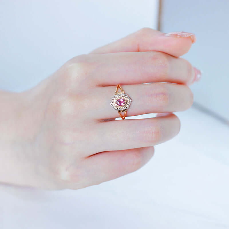 Vintage Pink Tourmaline Rhombus Filigree Ring - Elegant Gemstone Jewelry for Women | TB1926 | Perfect for Weddings, Parties & Special Occasions