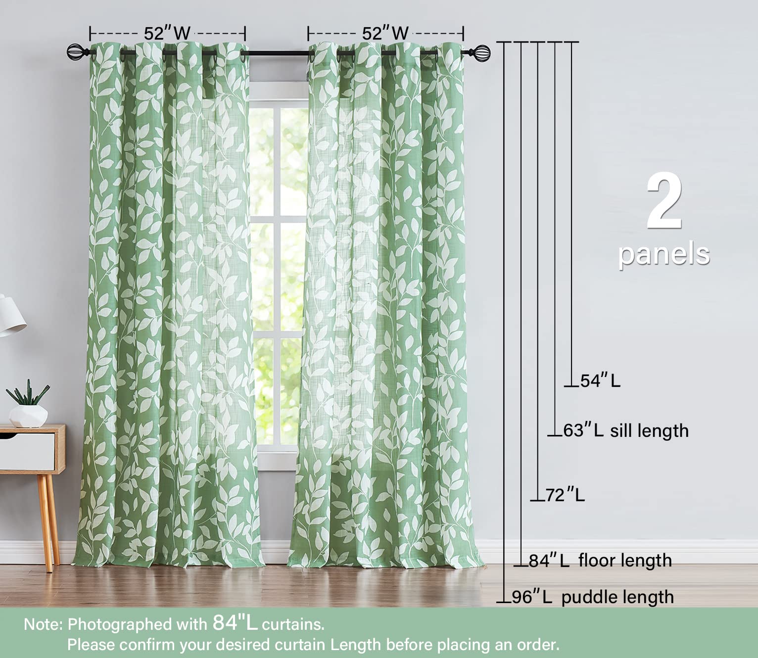 Treatmentex Leaf Print Semi-Sheer Curtains - 95 Inch Long White & Green Window Drapes with Grommet Top (1 Pair) | Elegant Living Room & Bedroom Window Treatments for Natural Light Filtering & Privacy