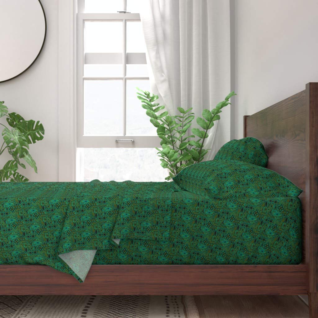 Spoonflower 100% Cotton Twin 3-Piece Sheet Set - Olive Ocean Hawaiian Vintage Tiki Mid Century Modern Black Print Custom Bedding | Soft & Breathable for Cozy Sleep, Perfect for Beach House & Boho Bedroom Decor