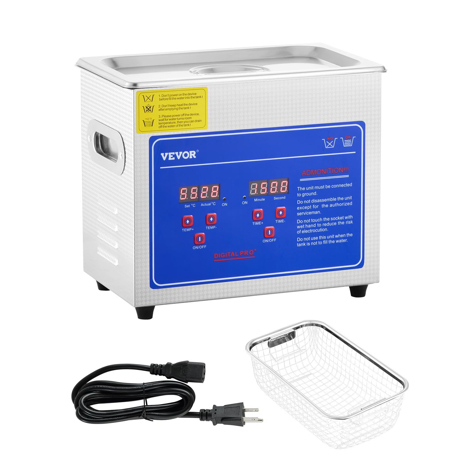 VEVOR 3L Professional Ultrasonic Cleaner with Digital Timer & Heater - Stainless Steel Industrial Cleaning Machine for Jewelry, Glasses, Watches, Dental & Electronic Parts - 110V, FCC/CE/RoHS Certified - Perfect for Home, Lab & Workshop Use