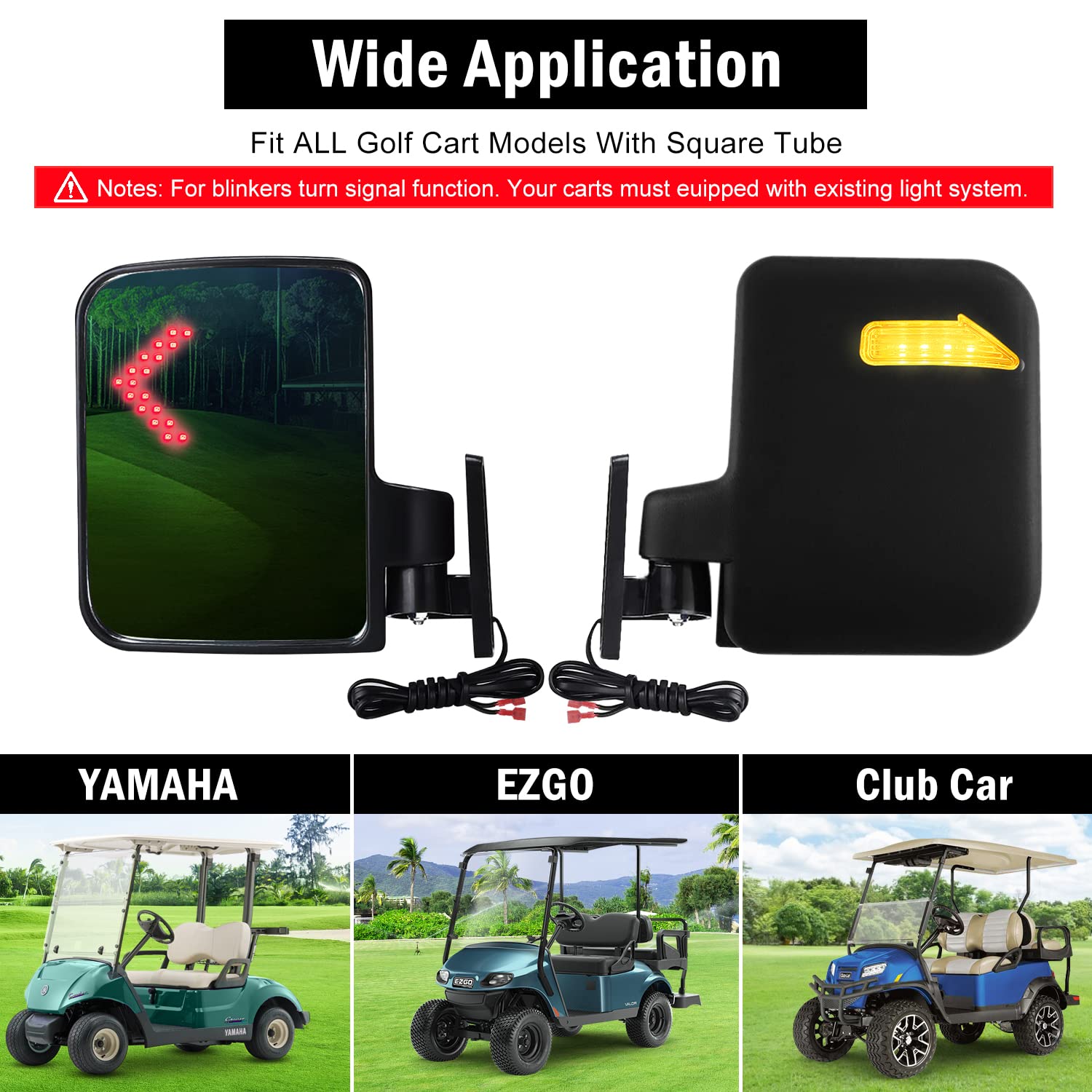Universal Golf Cart Side Mirrors with Turn Signal Lights - Rear View Mirror Compatible with Club Car, EZGO & Yamaha Golf Carts - Perfect for Safe Driving on Golf Courses & Neighborhood Streets