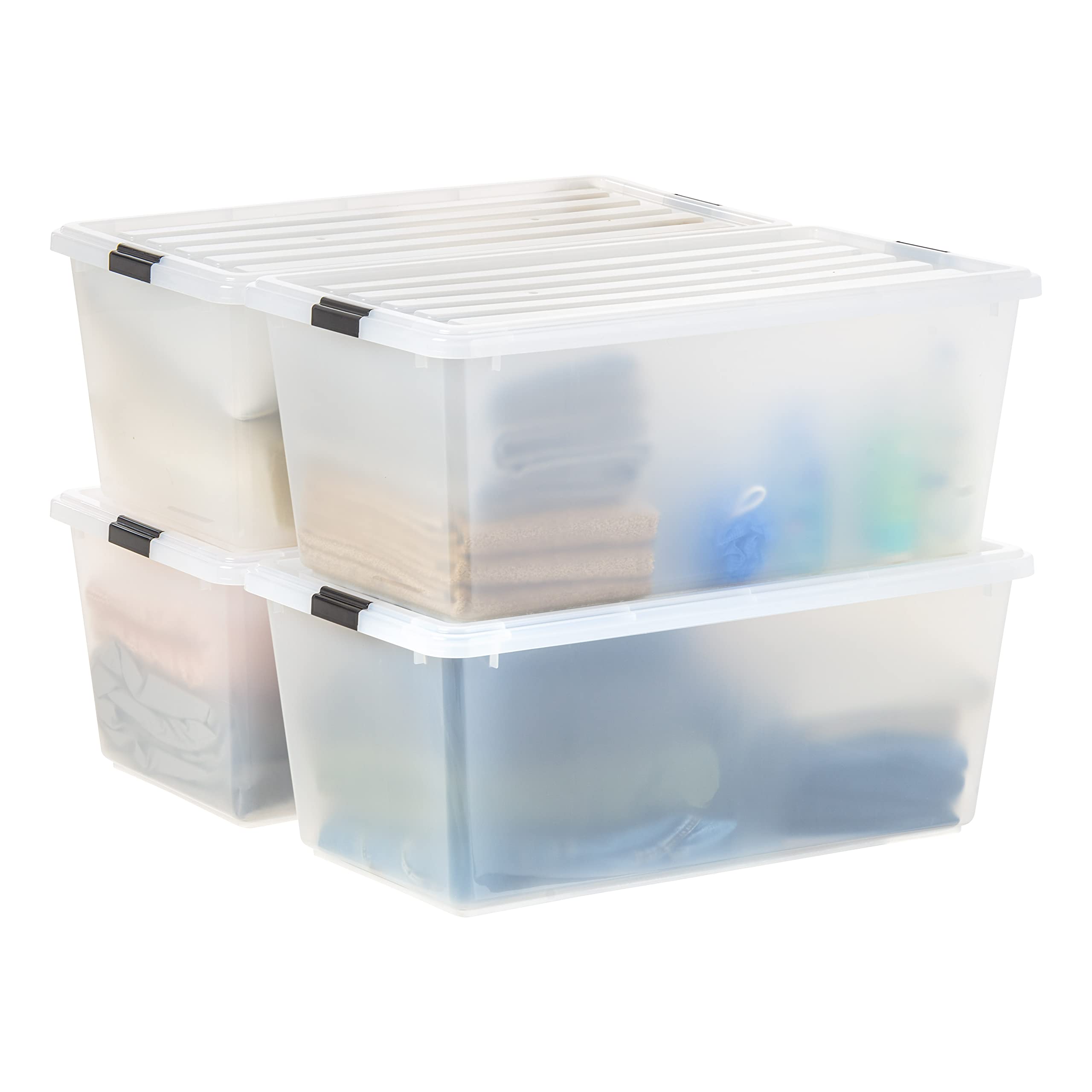 IRIS USA 91 Qt Stackable Plastic Storage Bins with Lids, 4 Pack - BPA-Free Clear Storage Containers for Home Organization, Pantry, Garage & Closet - Durable See-Through Bins with Secure Latches & Pull Handles - Made in USA