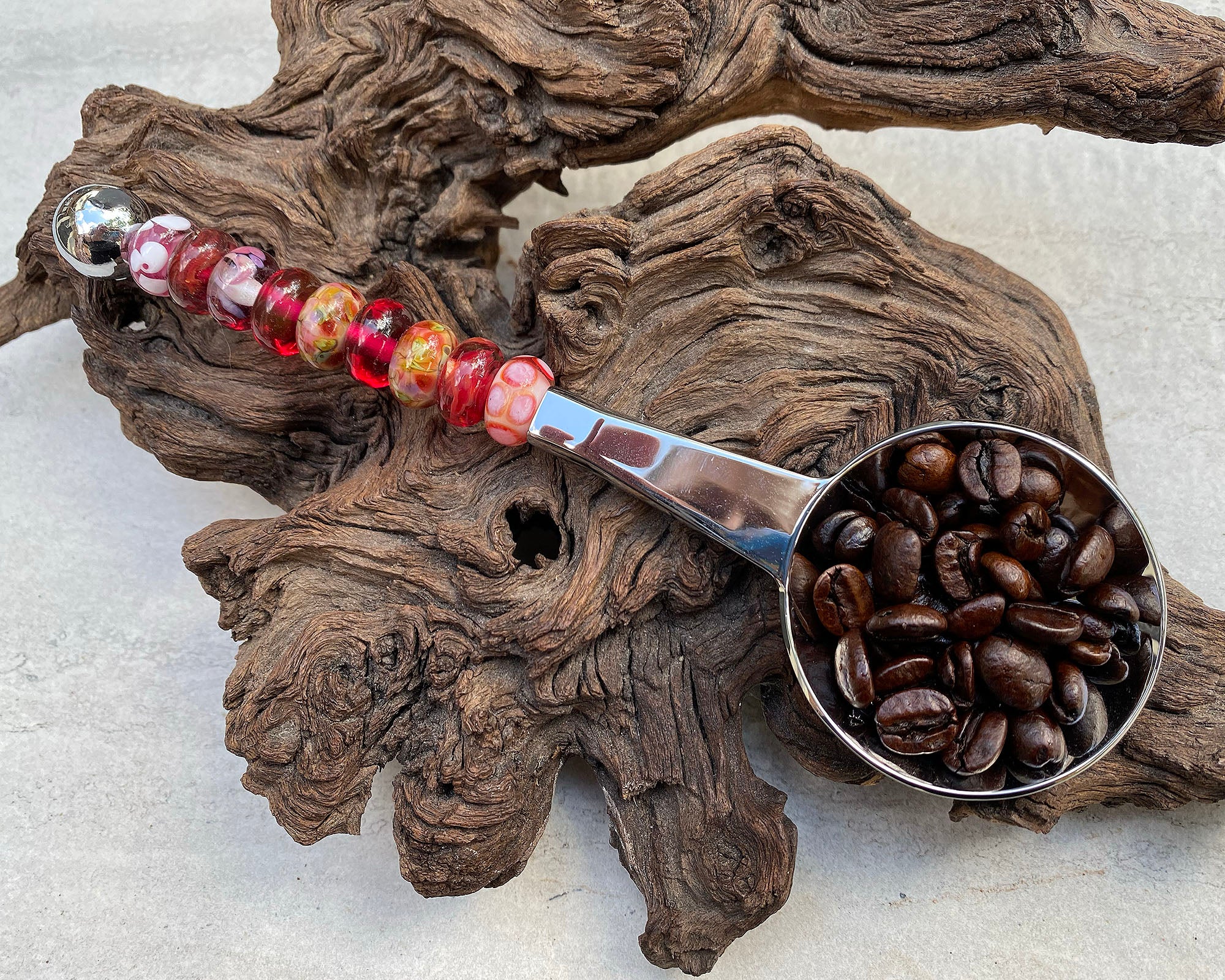 Handmade Red & Pink Lampwork Coffee Scoop - Premium Stainless Steel Measuring Spoon for Coffee, Tea & Baking - Perfect for Home Baristas & Gift Giving